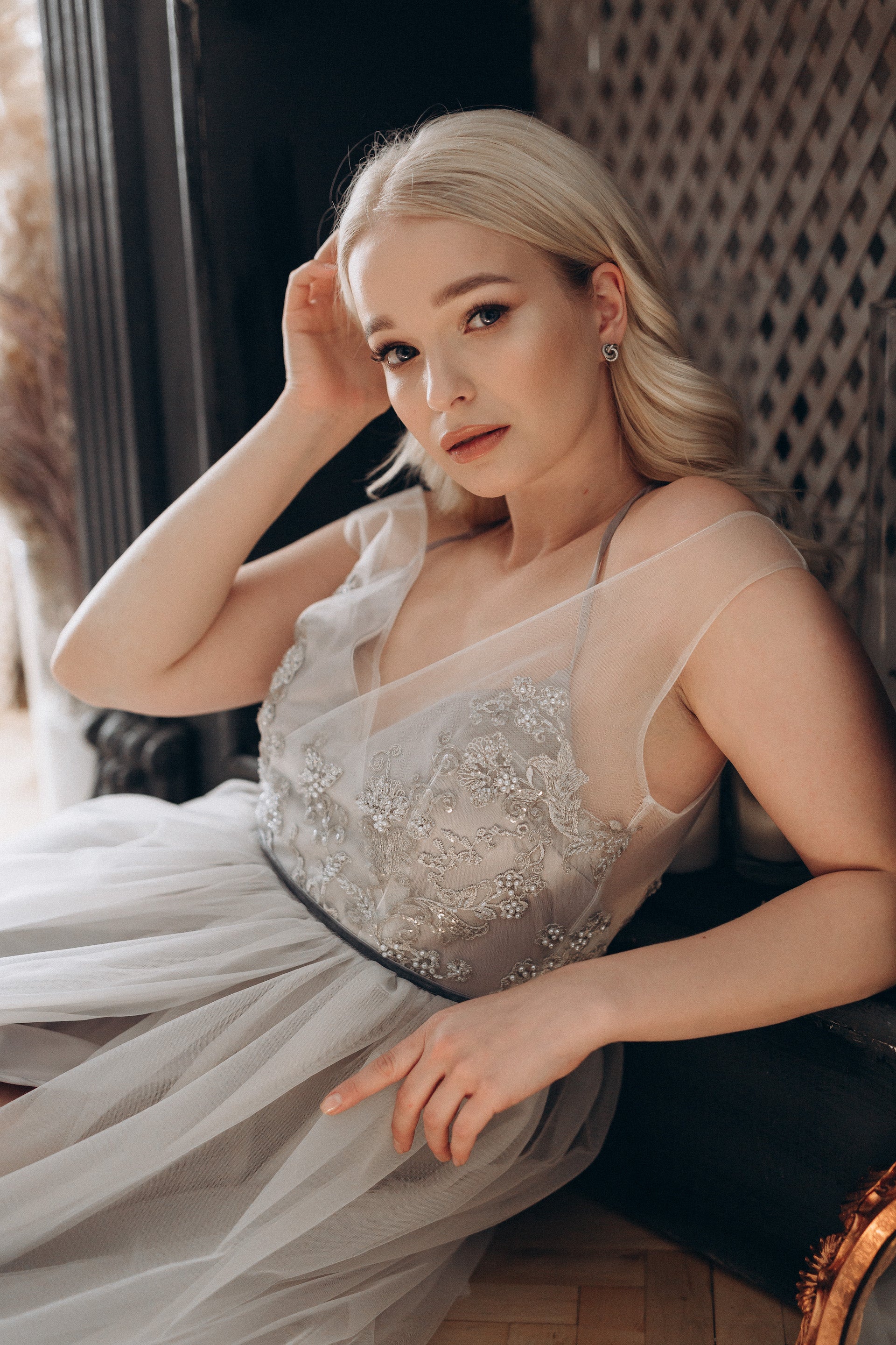 "Elsa" Gray Tulle Non-corset Wedding Dress