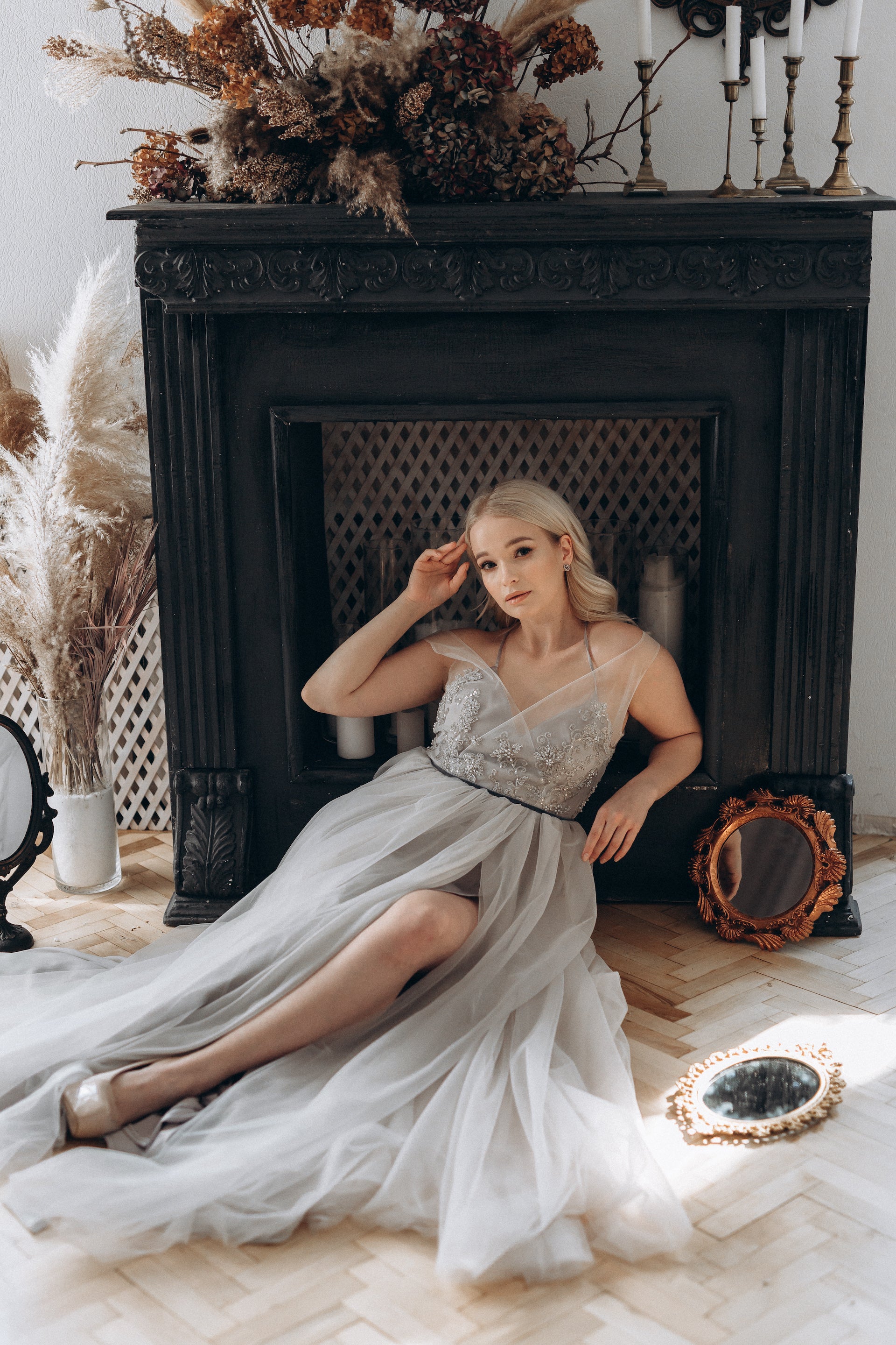 "Elsa" Gray Tulle Non-corset Wedding Dress