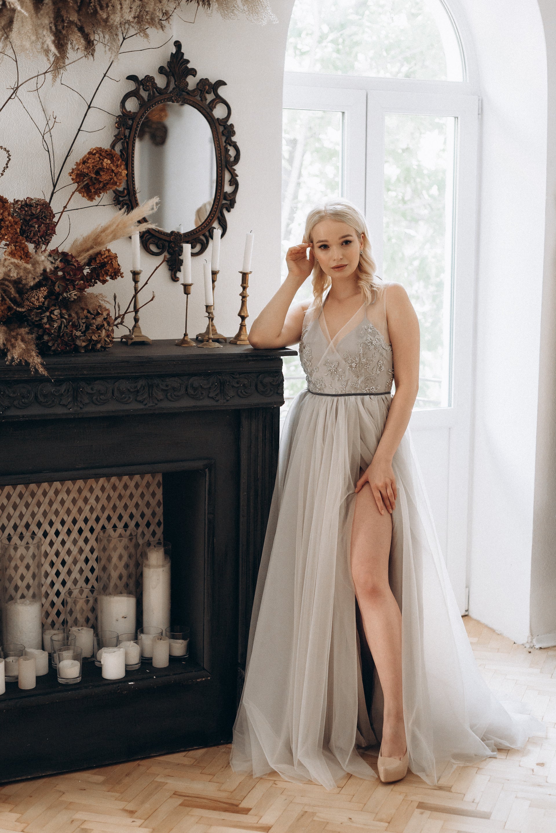 "Elsa" Gray Tulle Non-corset Wedding Dress