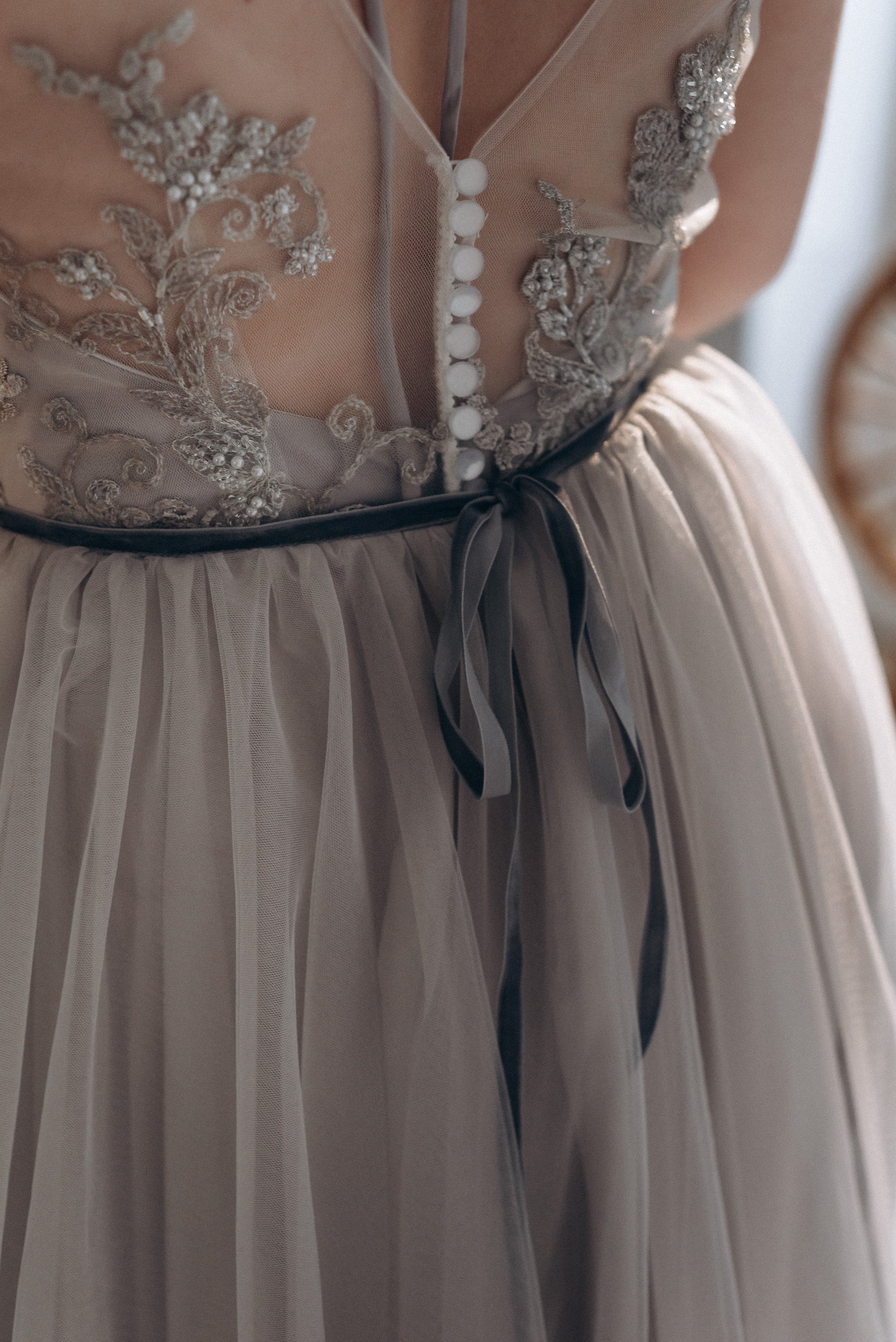 "Elsa" Gray Tulle Non-corset Wedding Dress