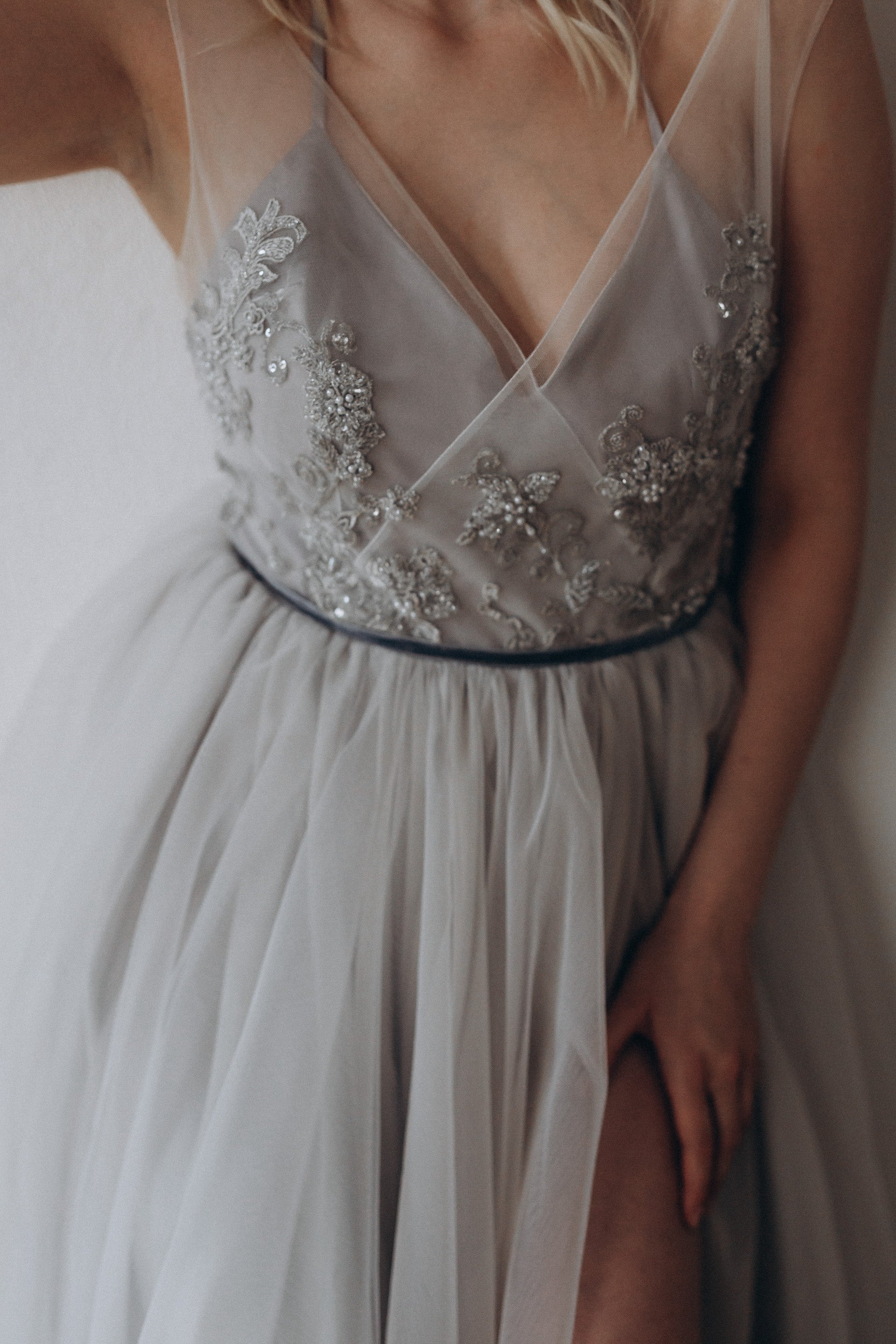 "Elsa" Gray Tulle Non-corset Wedding Dress