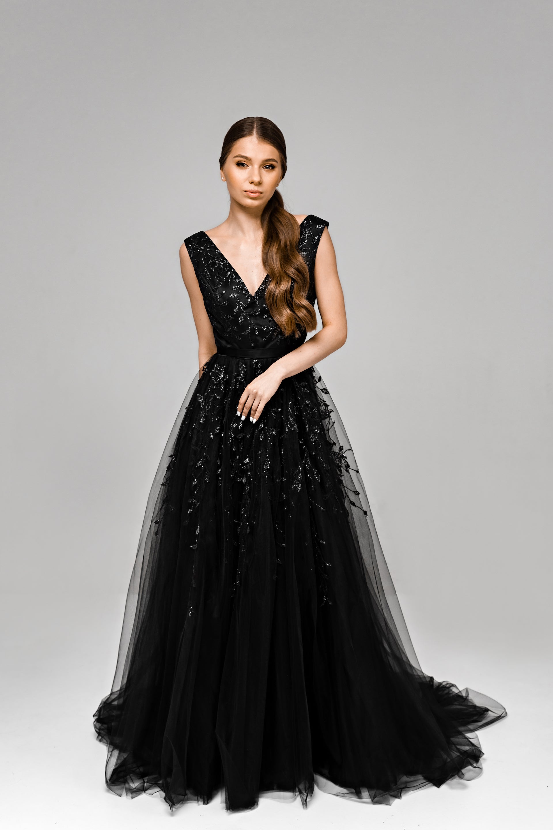 "Flora" Black Glitter lace wedding dress