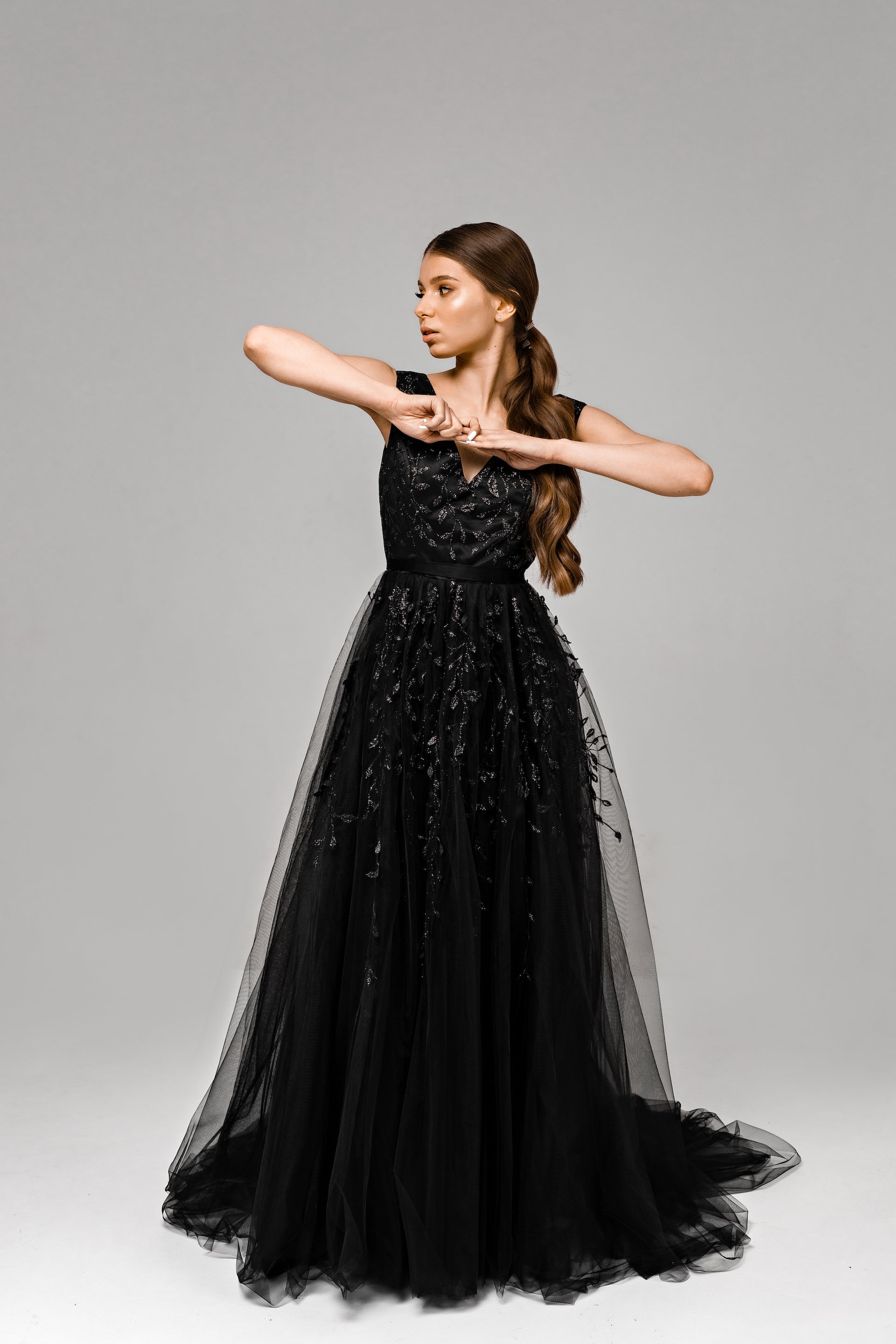 "Flora" Black Glitter lace wedding dress