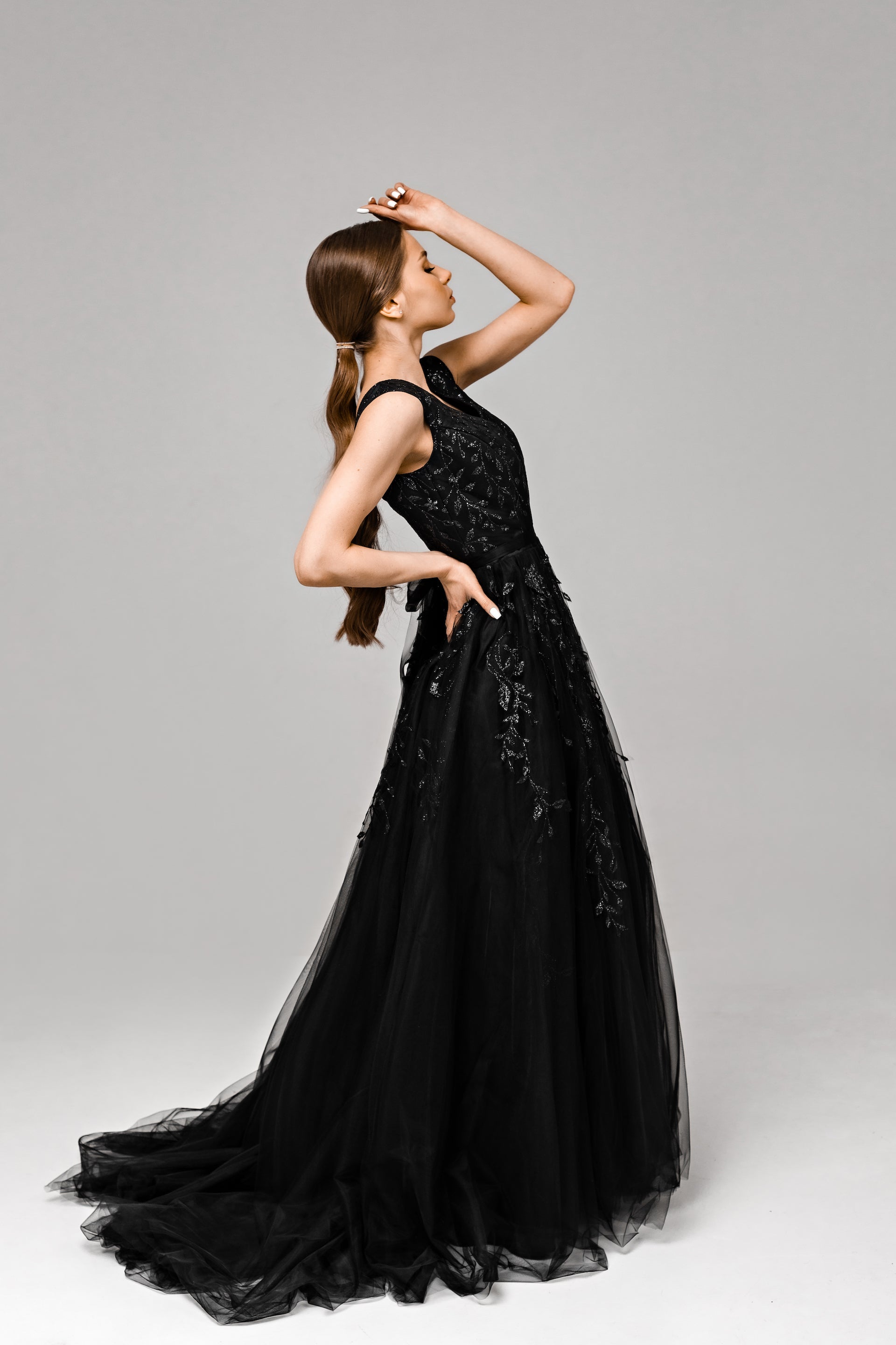"Flora" Black Glitter lace wedding dress
