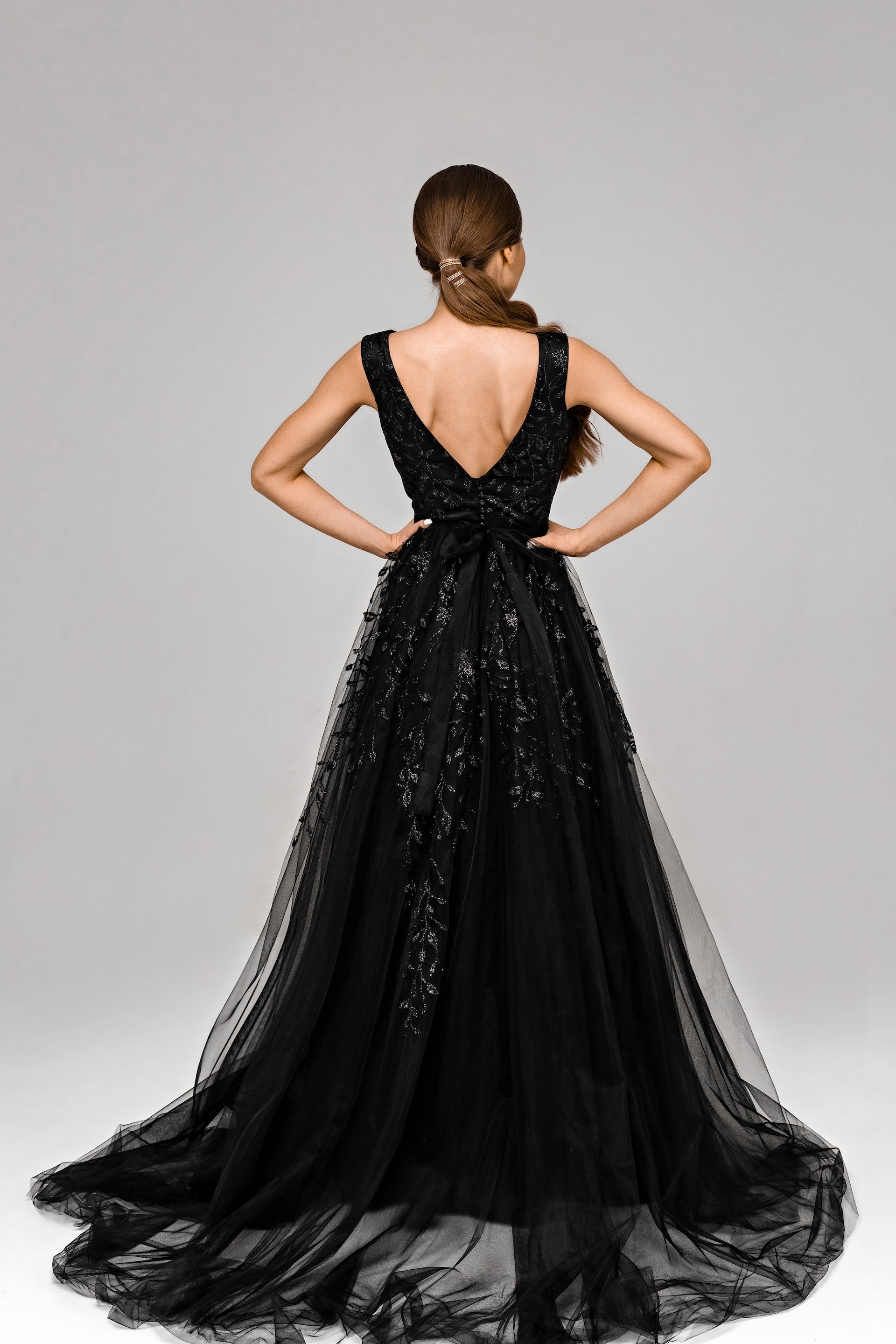 "Flora" Black Glitter lace wedding dress