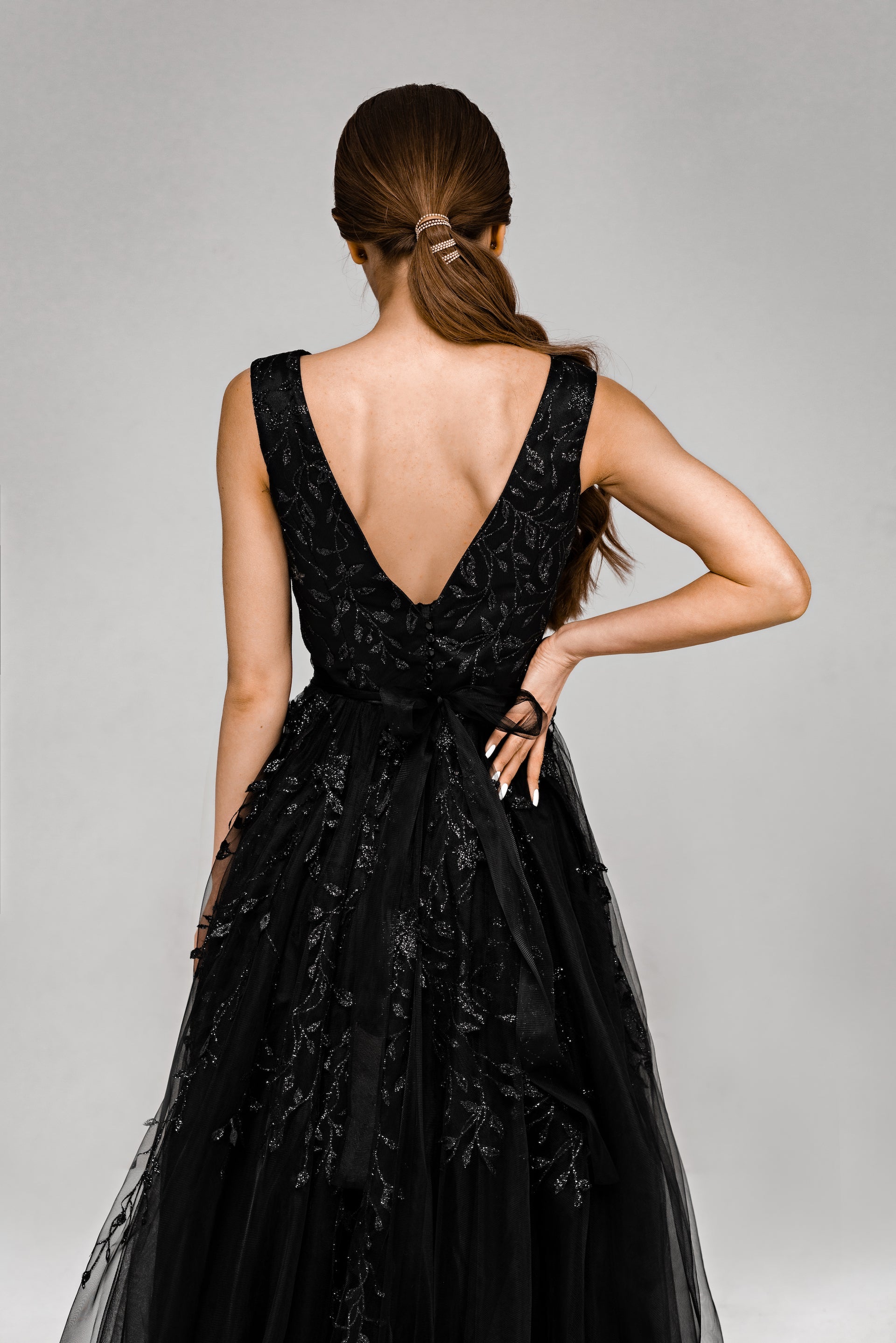 "Flora" Black Glitter lace wedding dress