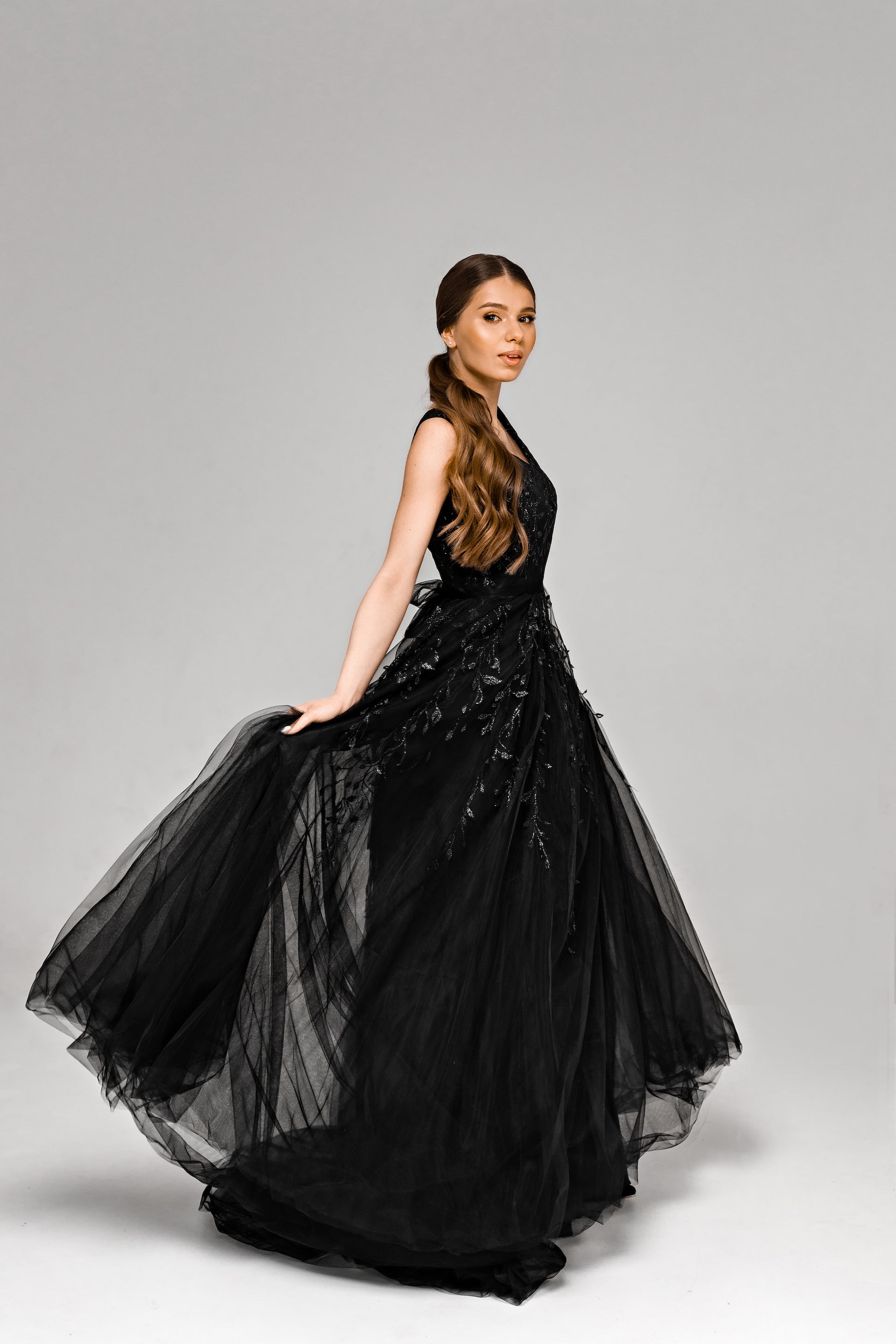 "Flora" Black Glitter lace wedding dress