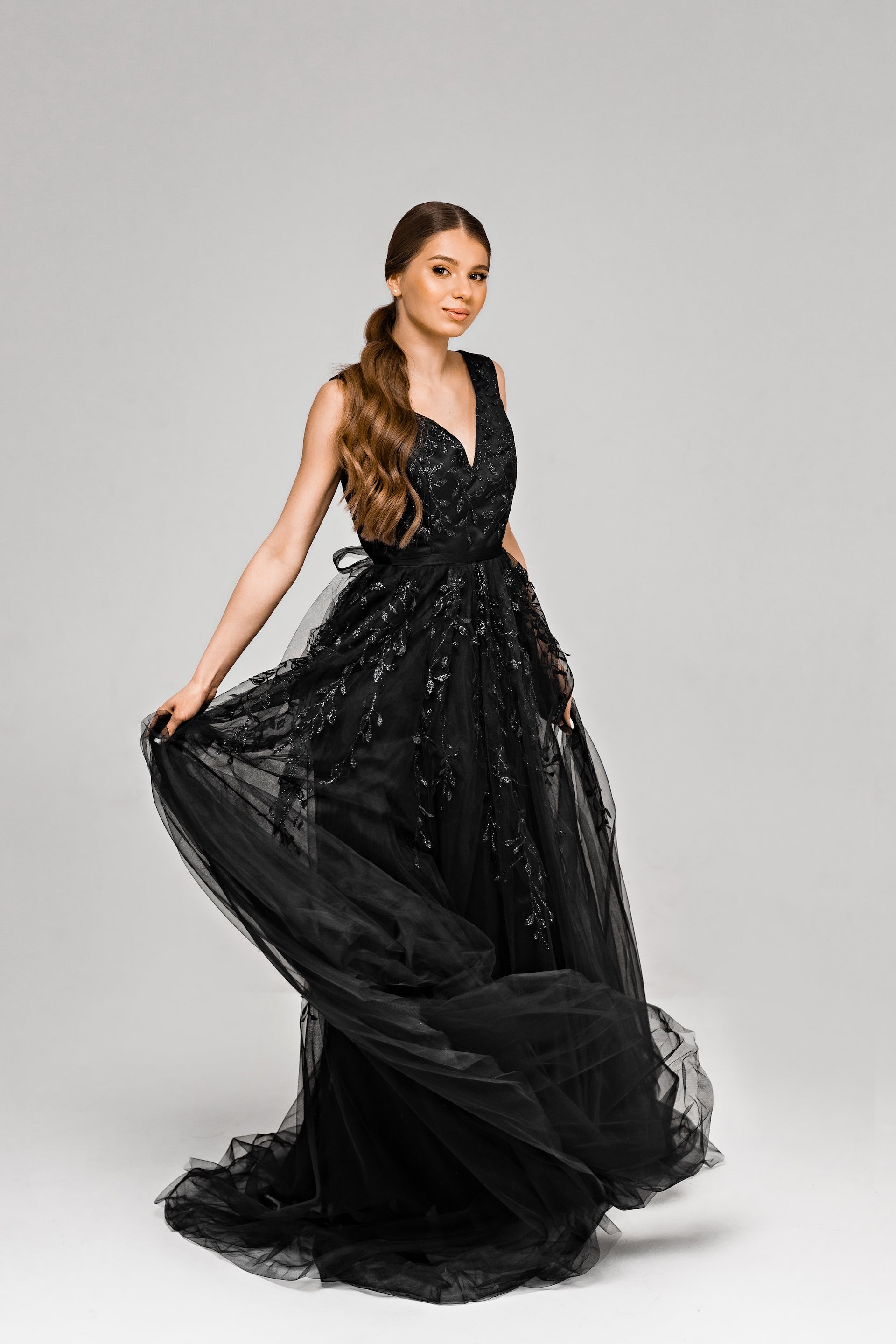 "Flora" Black Glitter lace wedding dress