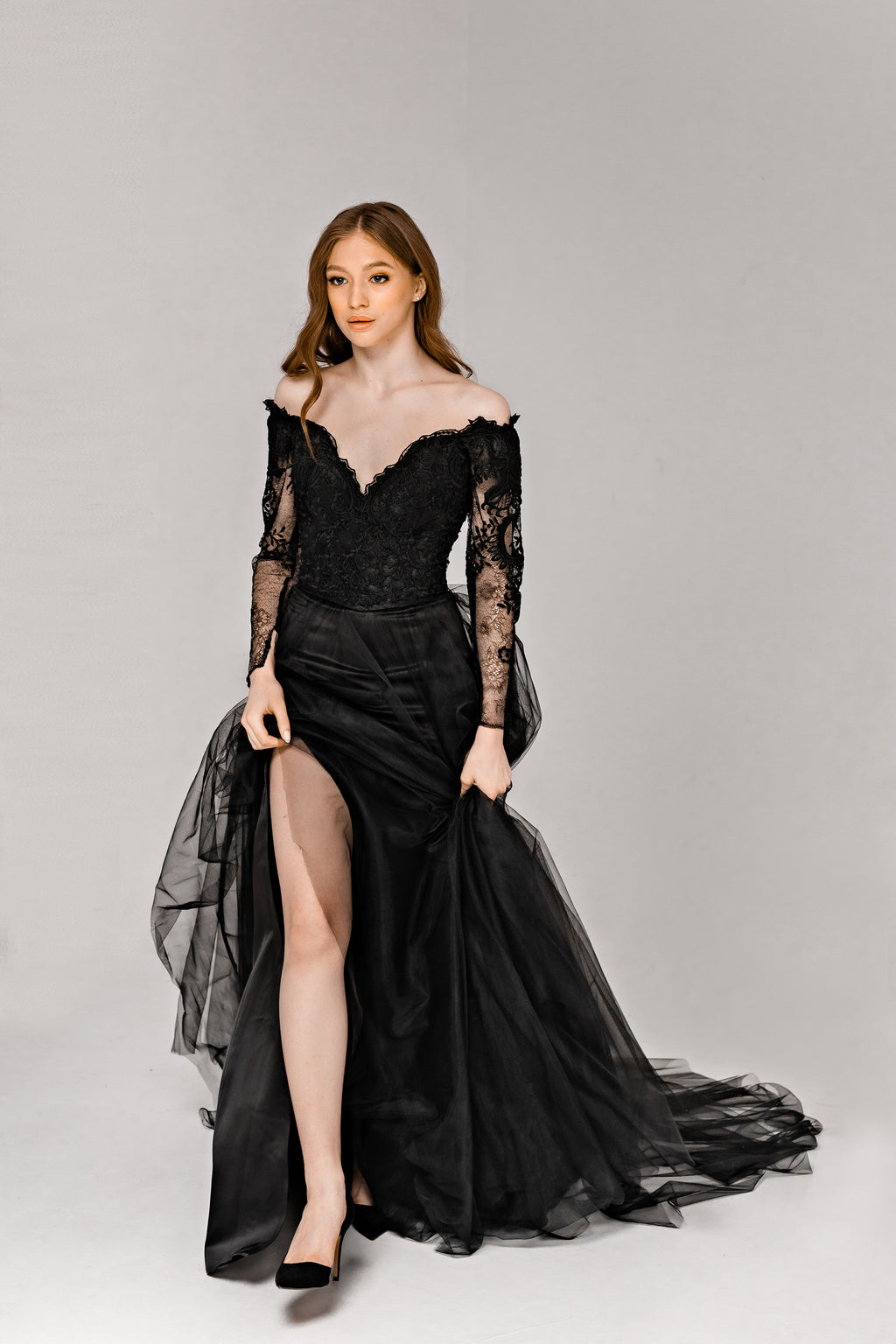 "Haylee" Off-the-Shoulder Mermaid Black Lace Wedding Dress