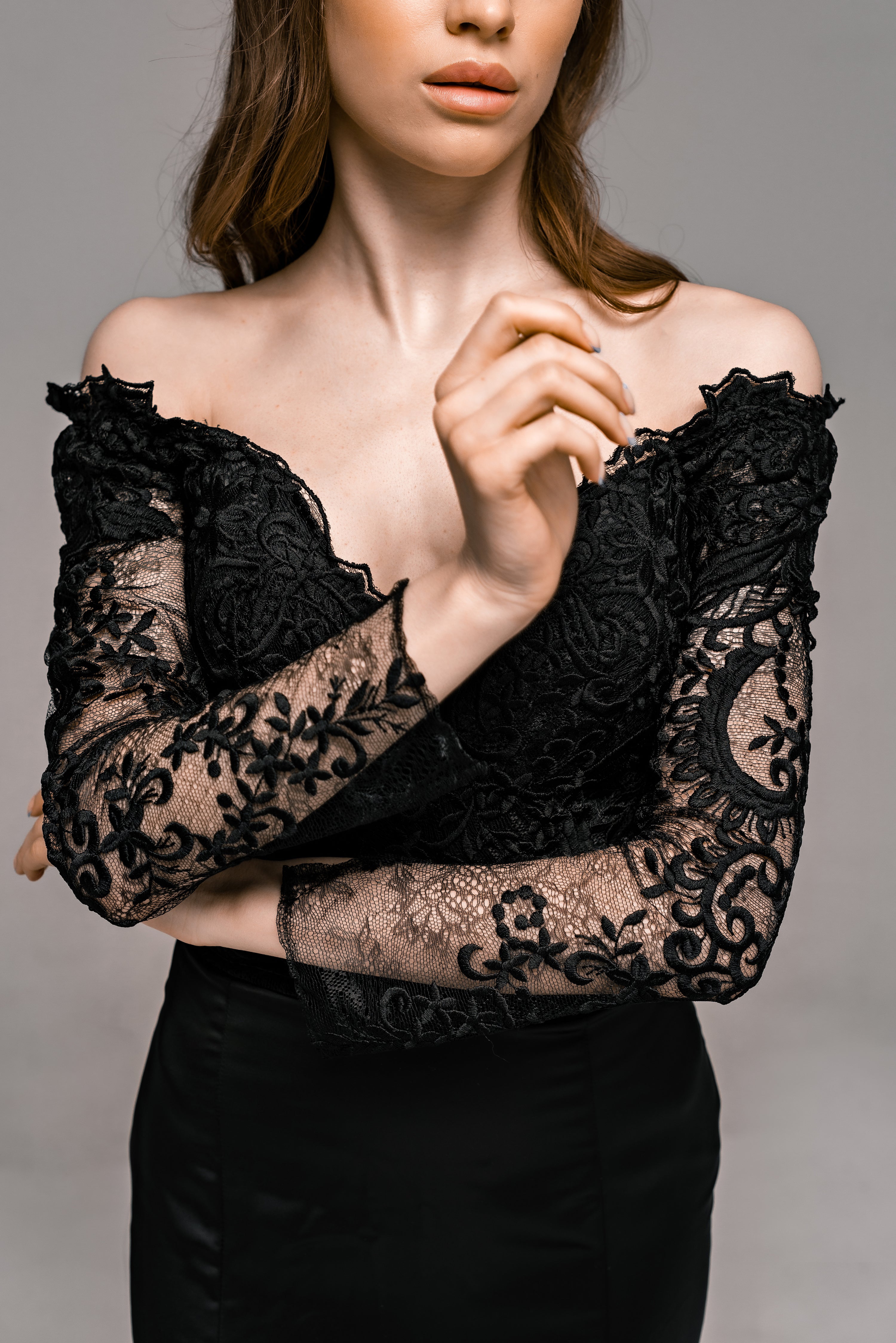 "Haylee" Off-the-Shoulder Mermaid Black Lace Wedding Dress