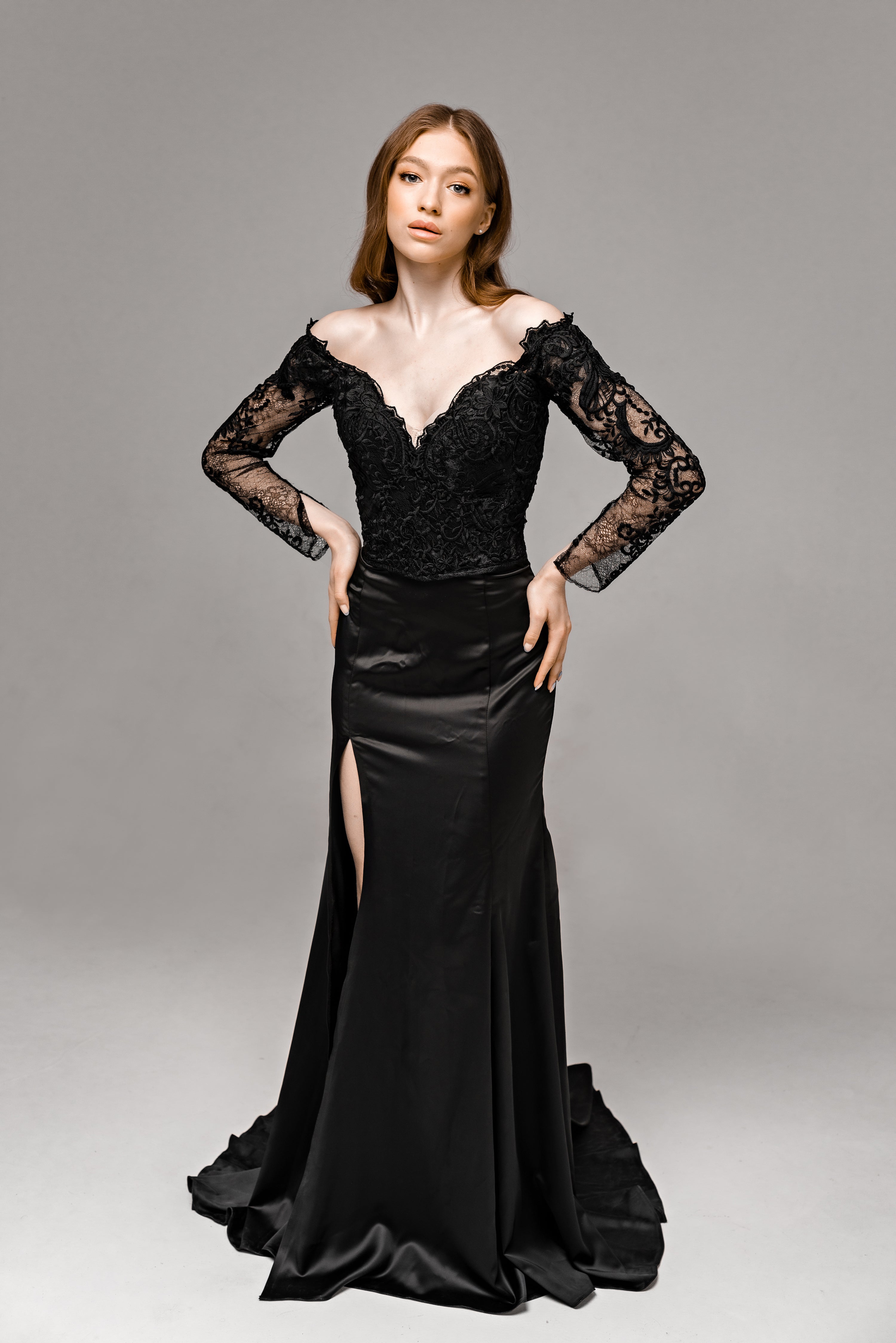 "Haylee" Off-the-Shoulder Mermaid Black Lace Wedding Dress