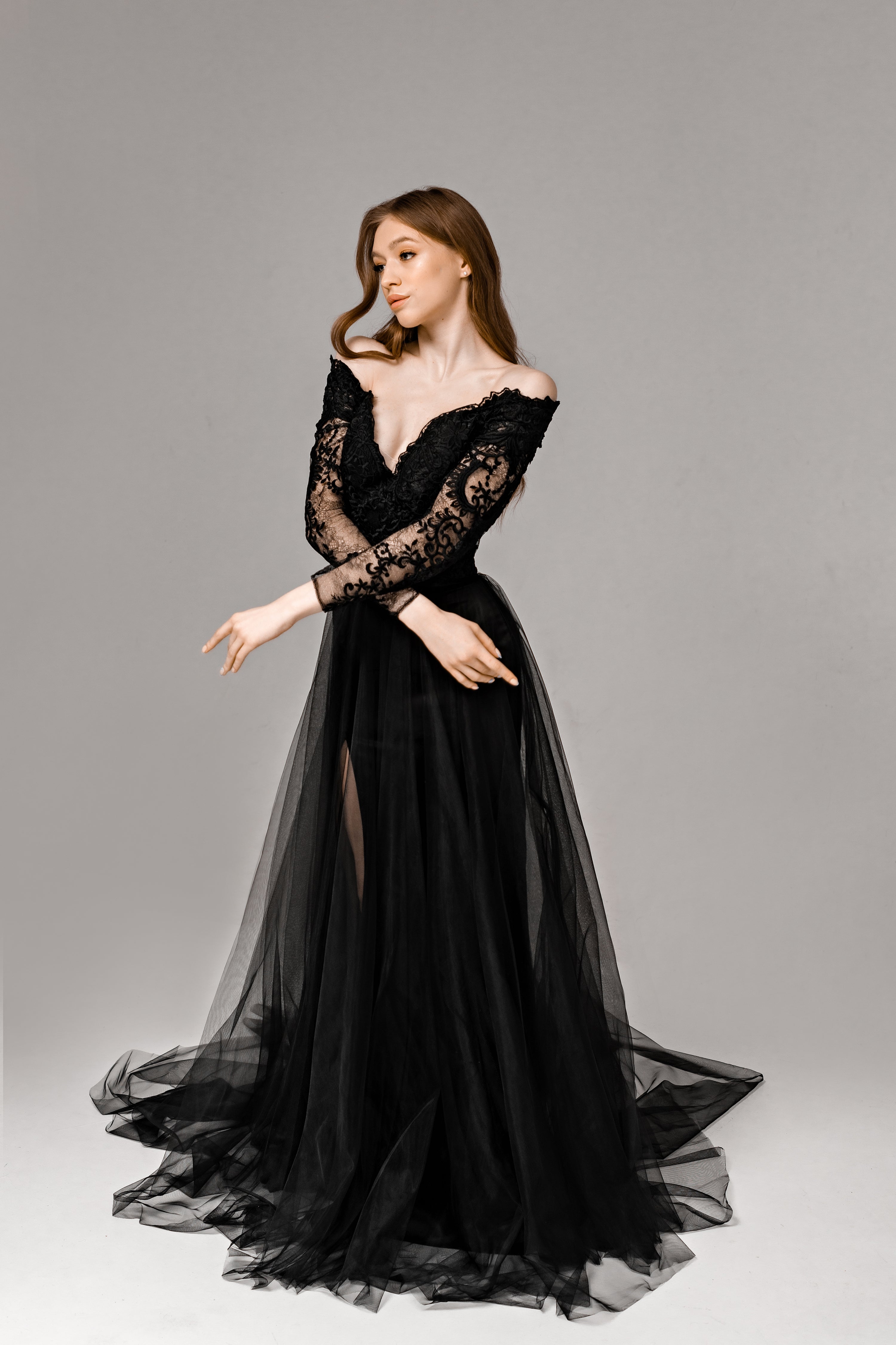 "Haylee" Off-the-Shoulder Mermaid Black Lace Wedding Dress