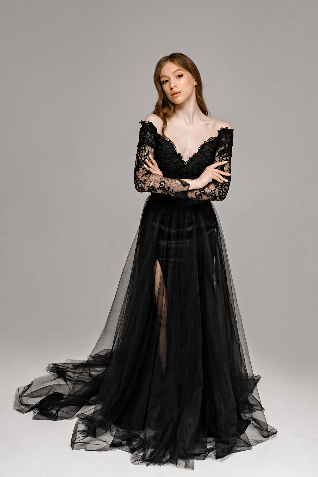 "Haylee" Off-the-Shoulder Mermaid Black Lace Wedding Dress