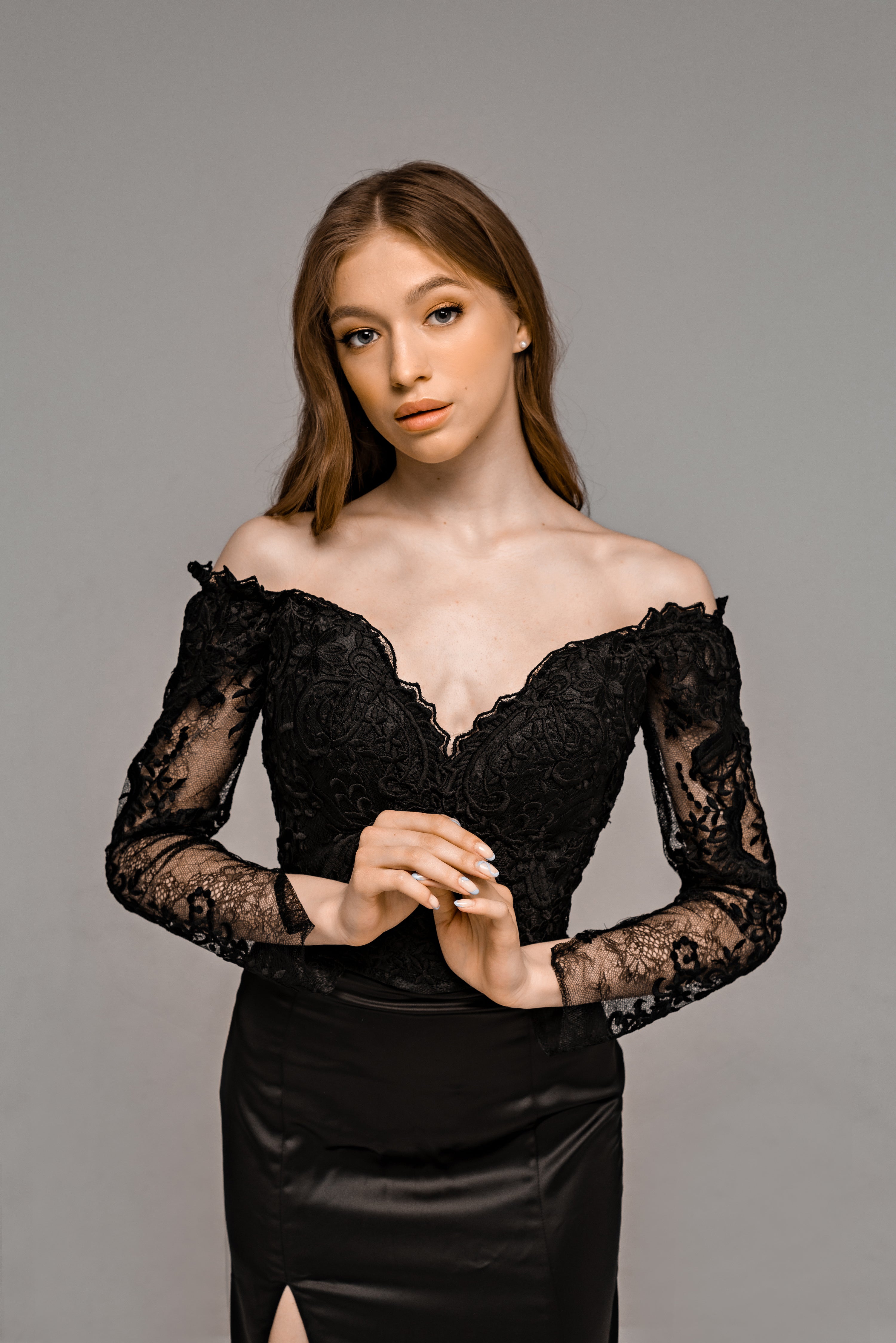 "Haylee" Off-the-Shoulder Mermaid Black Lace Wedding Dress