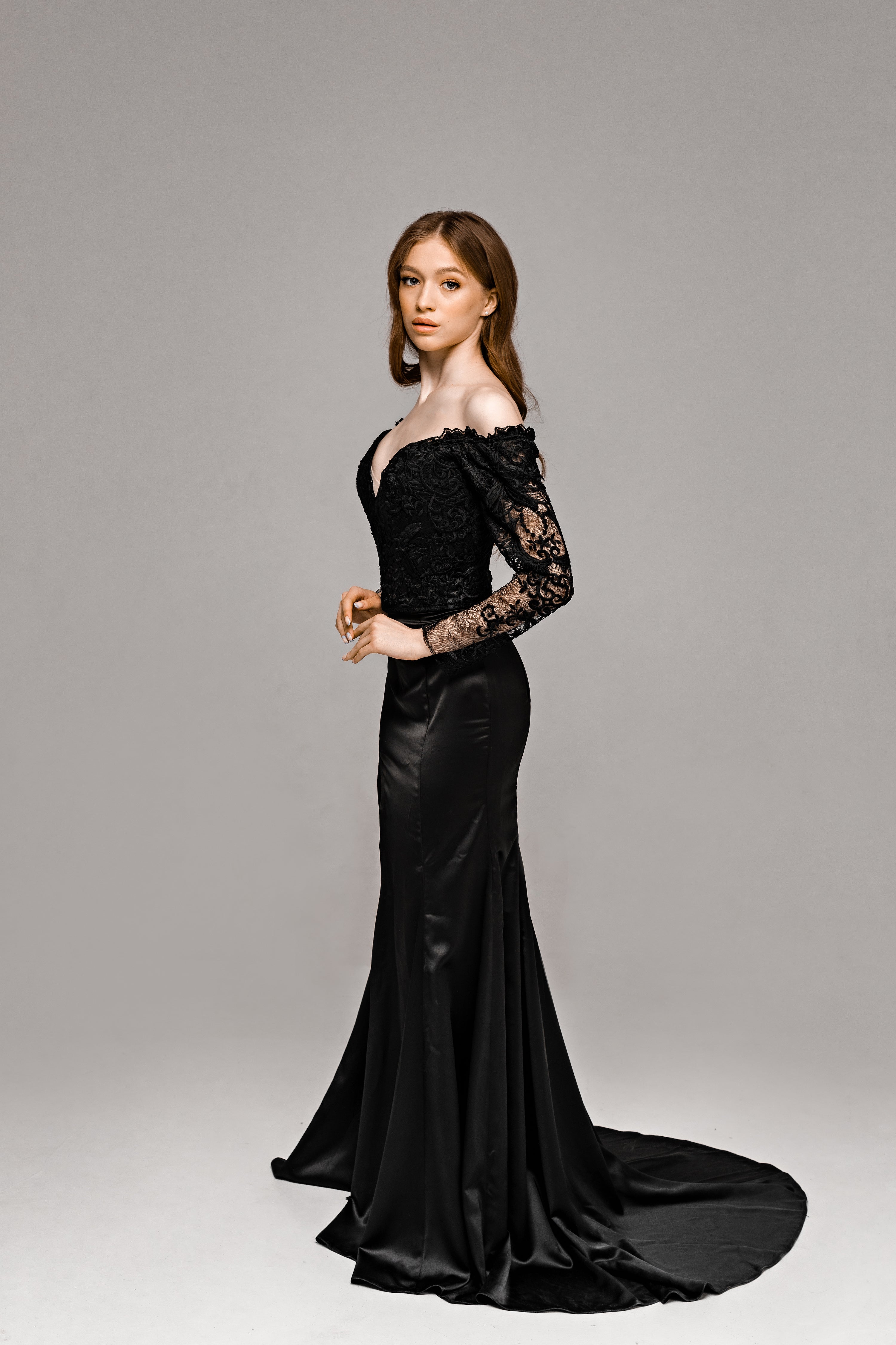 "Haylee" Off-the-Shoulder Mermaid Black Lace Wedding Dress