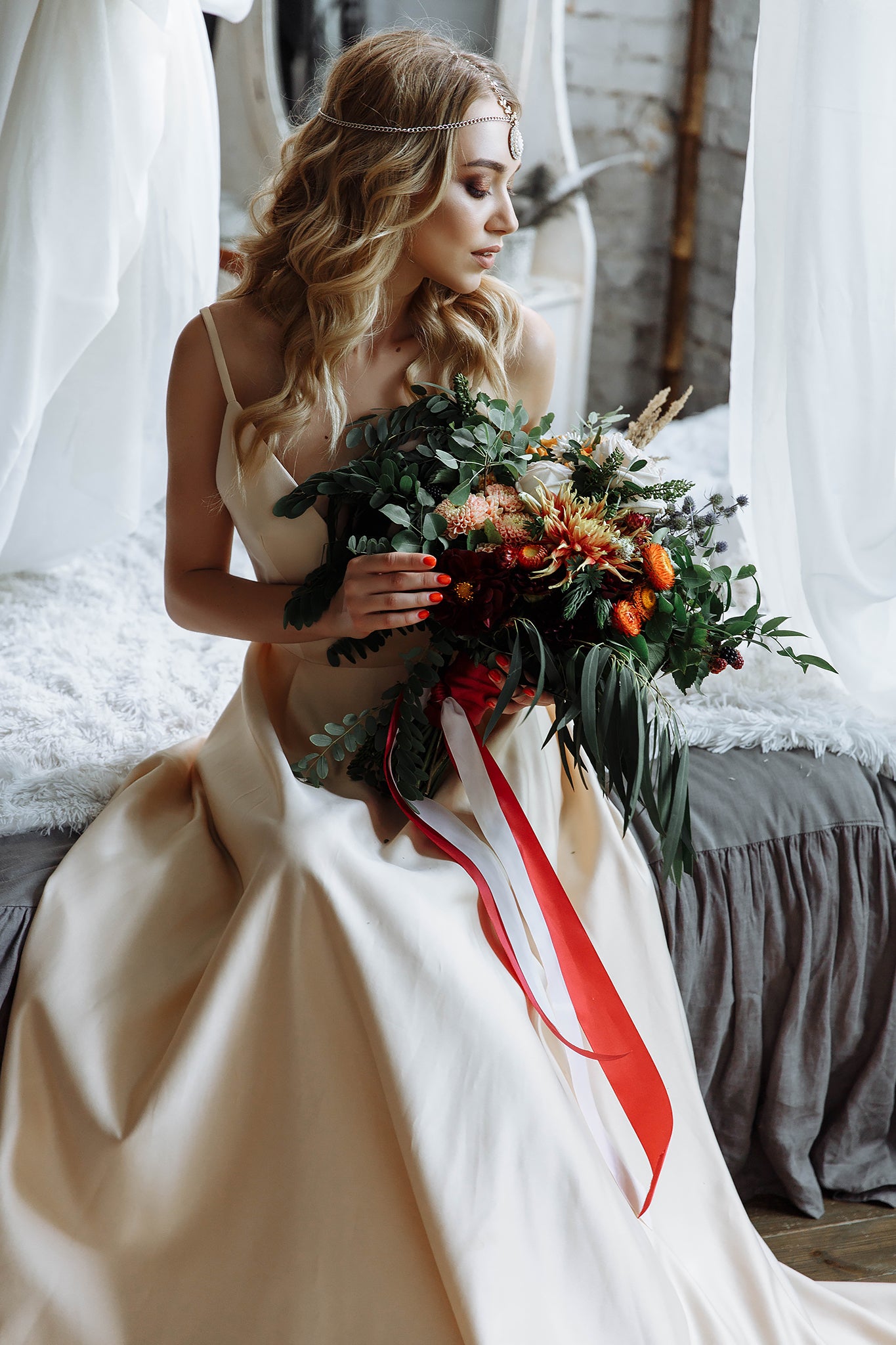 "Ivy" Beige Floral Embroidery Wedding dress with 3 d lace