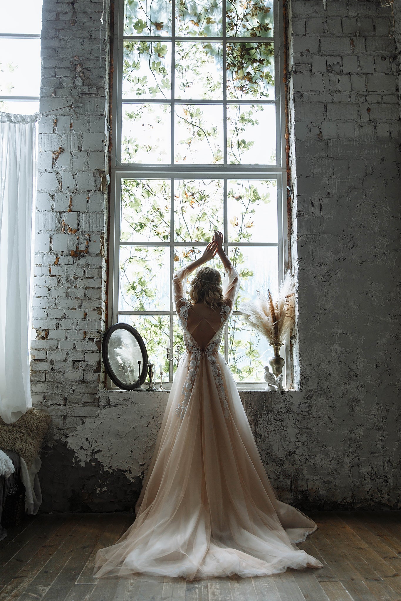 "Ivy" Beige Floral Embroidery Wedding dress with 3 d lace