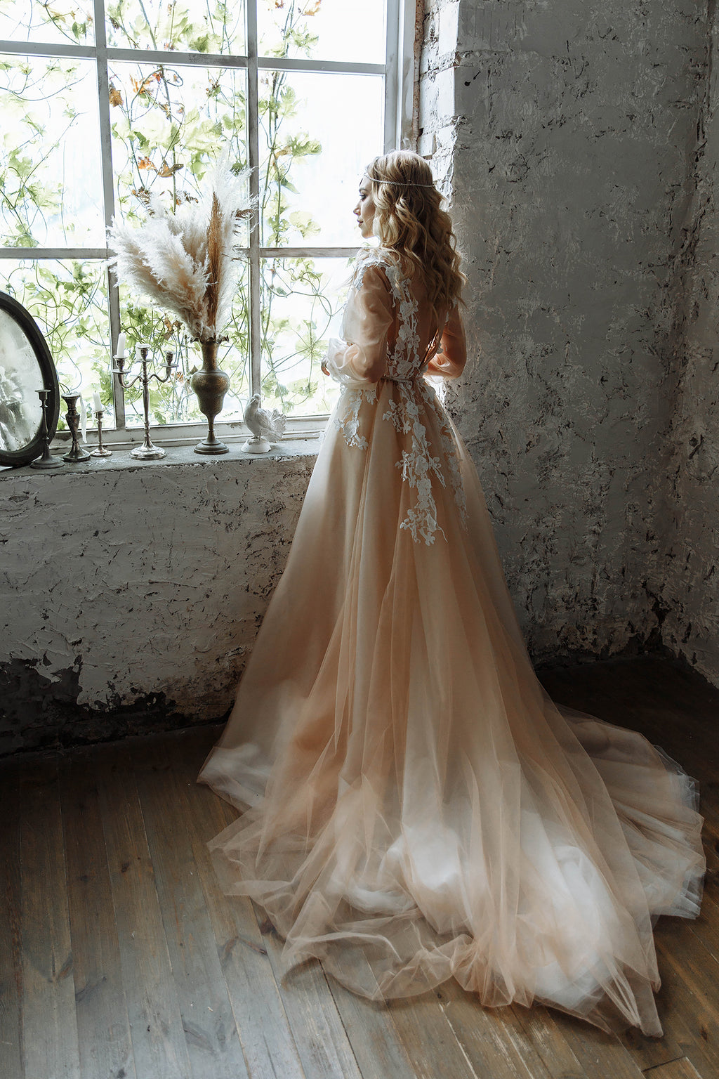 "Ivy" Beige Floral Embroidery Wedding dress with 3 d lace