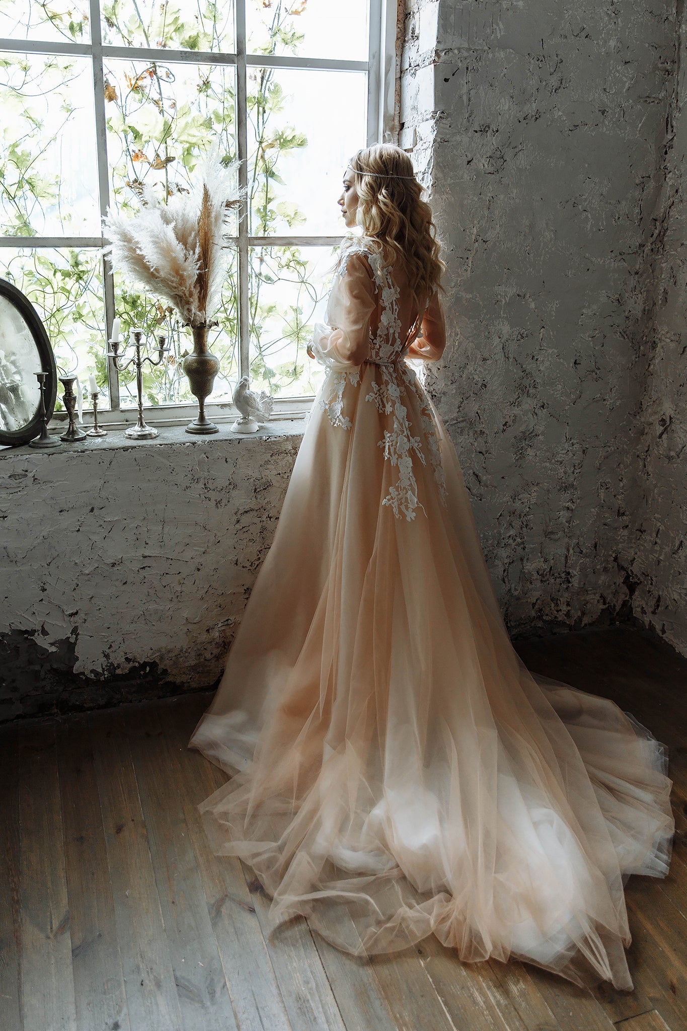 "Ivy" Beige Floral Embroidery Wedding dress with 3 d lace