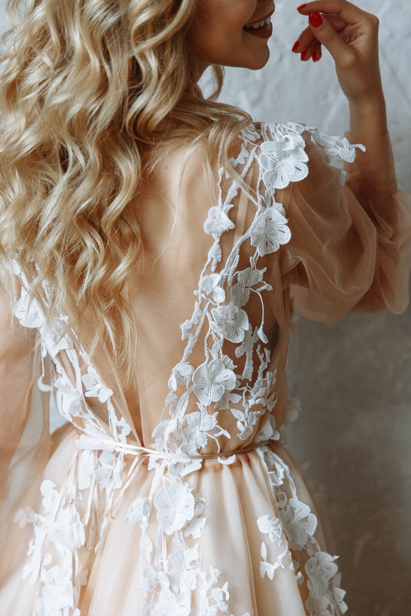 "Ivy" Beige Floral Embroidery Wedding dress with 3 d lace