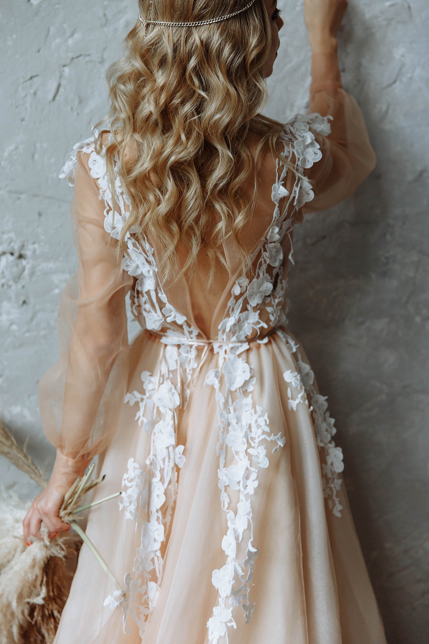 "Ivy" Beige Floral Embroidery Wedding dress with 3 d lace