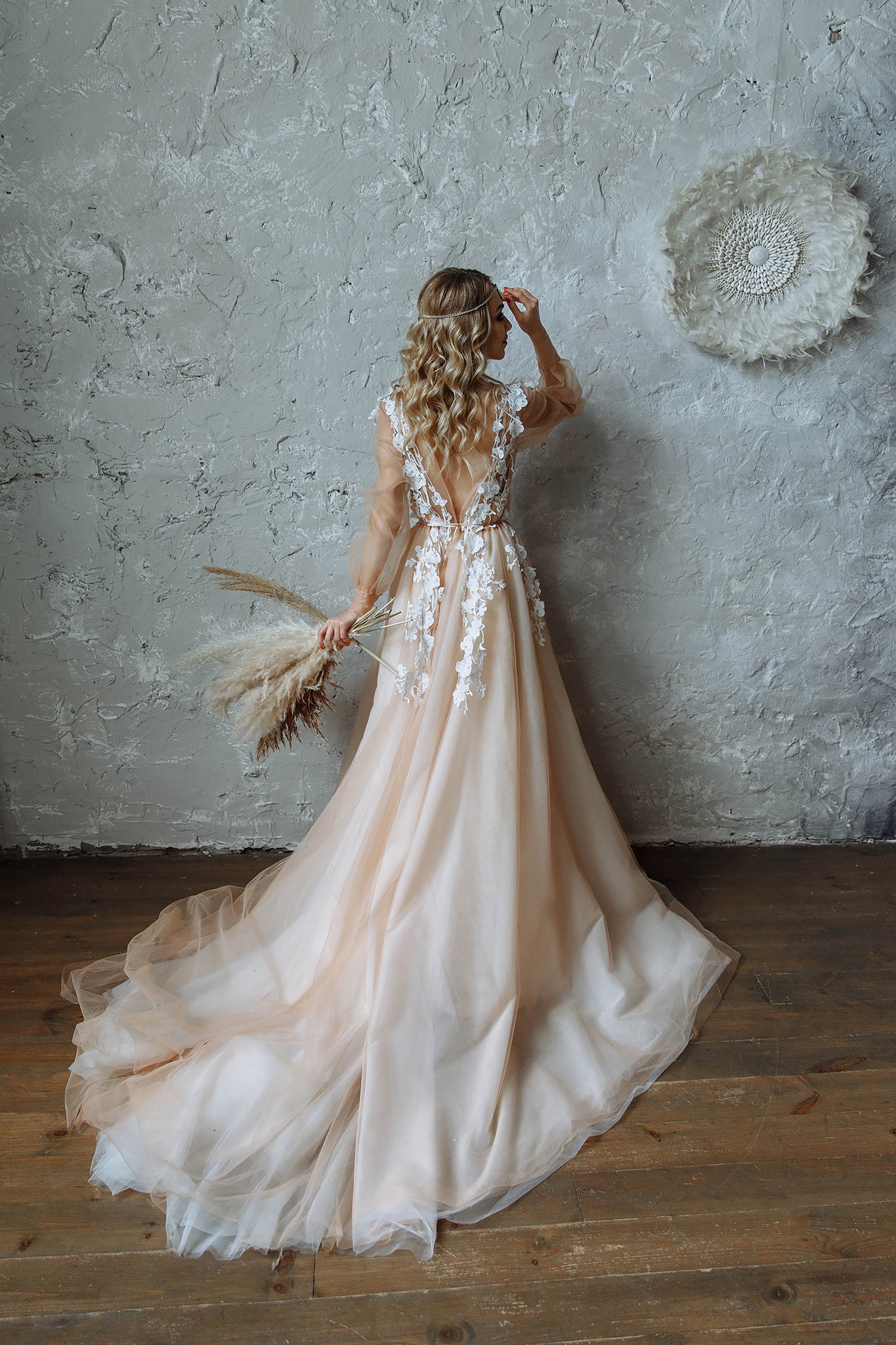 "Ivy" Beige Floral Embroidery Wedding dress with 3 d lace