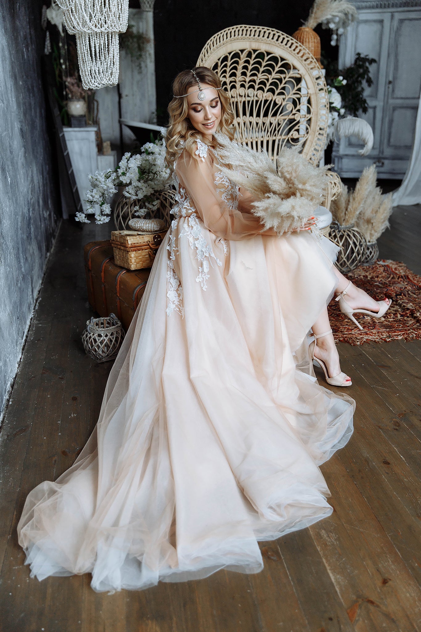 "Ivy" Beige Floral Embroidery Wedding dress with 3 d lace