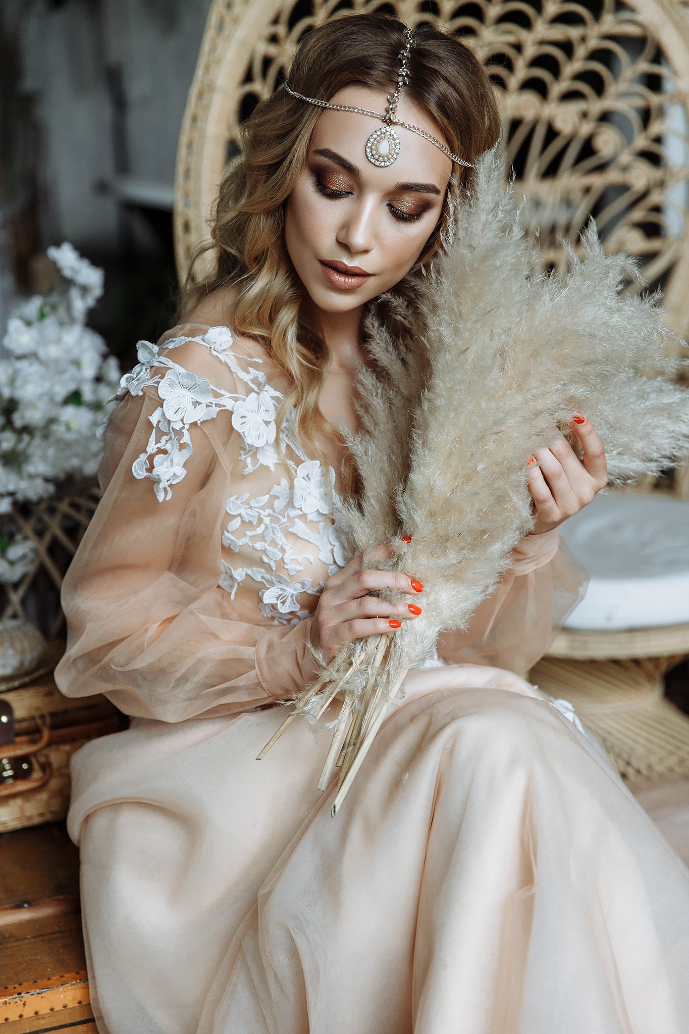 "Ivy" Beige Floral Embroidery Wedding dress with 3 d lace