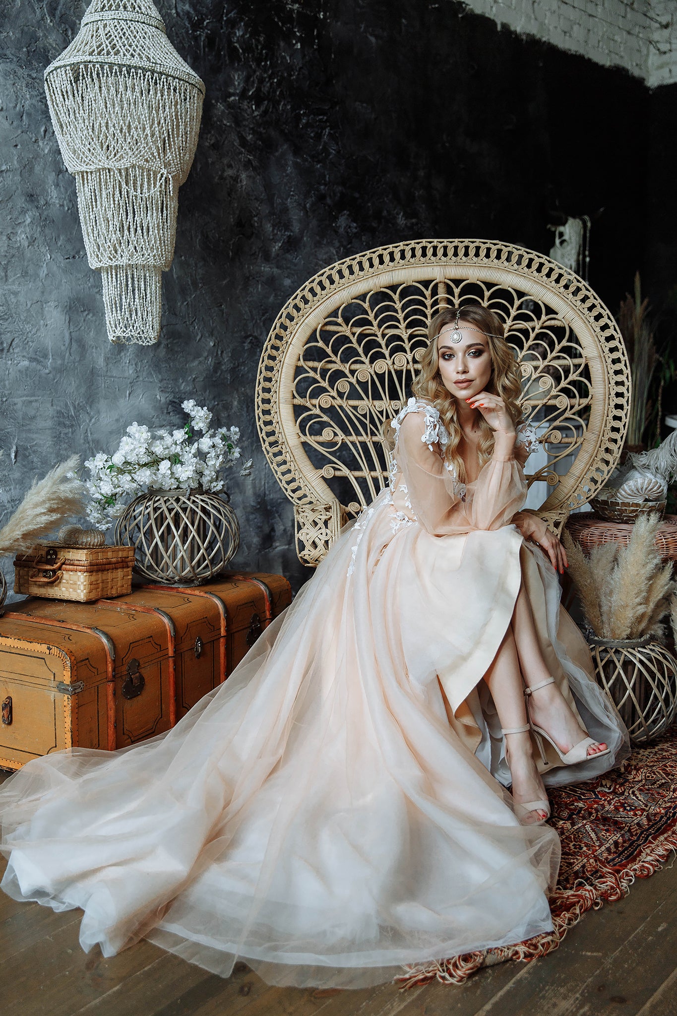 "Ivy" Beige Floral Embroidery Wedding dress with 3 d lace