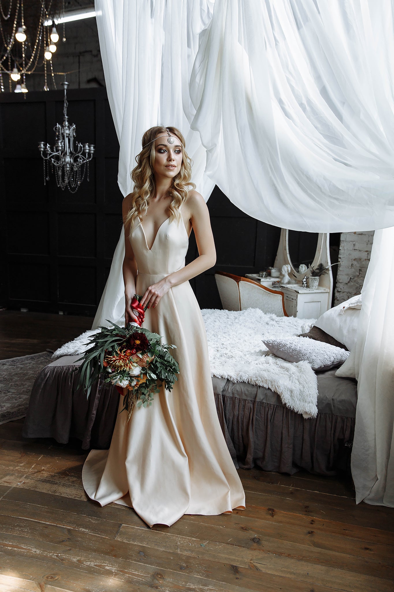 "Ivy" Beige Floral Embroidery Wedding dress with 3 d lace