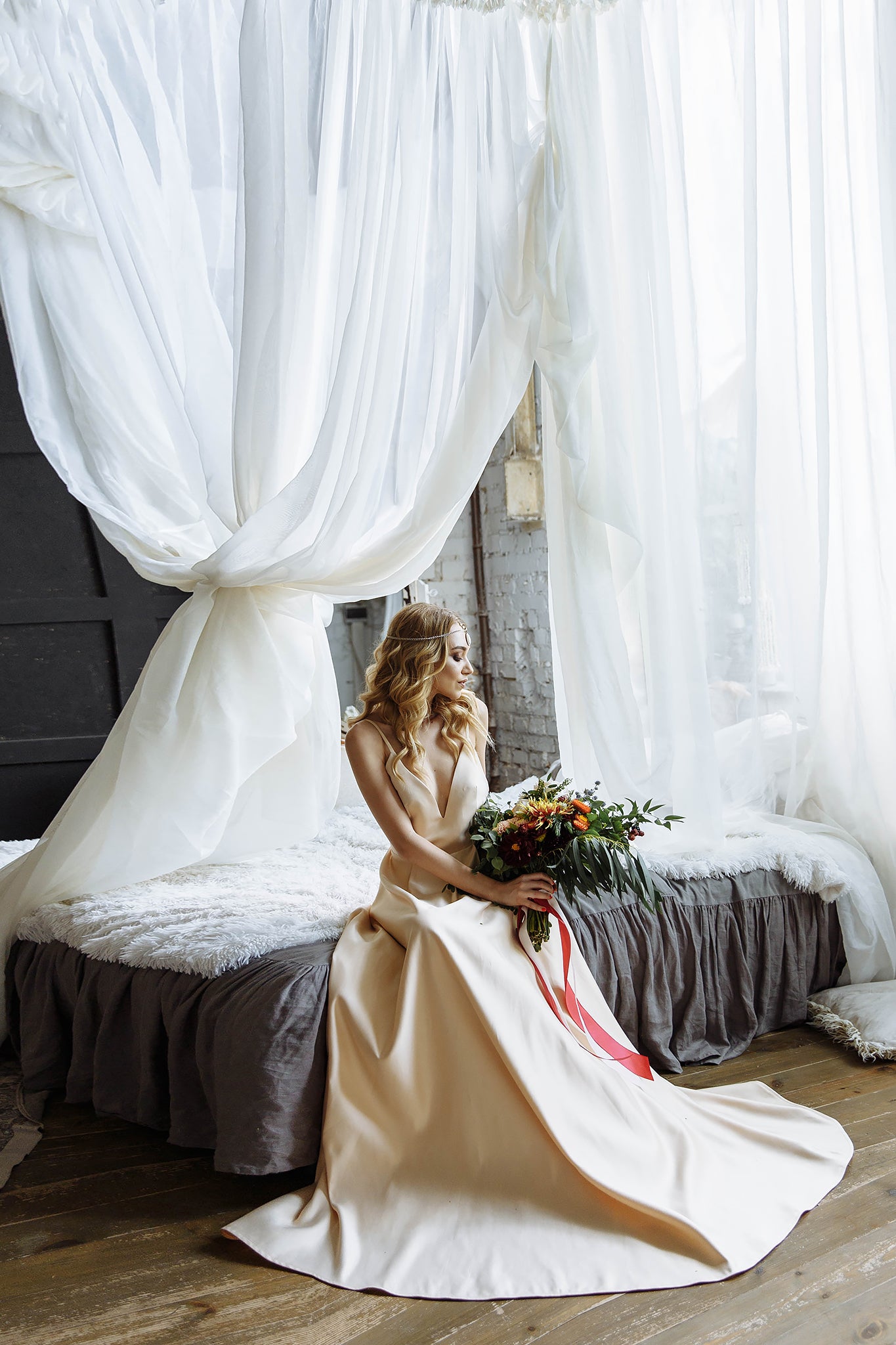 "Ivy" Beige Floral Embroidery Wedding dress with 3 d lace