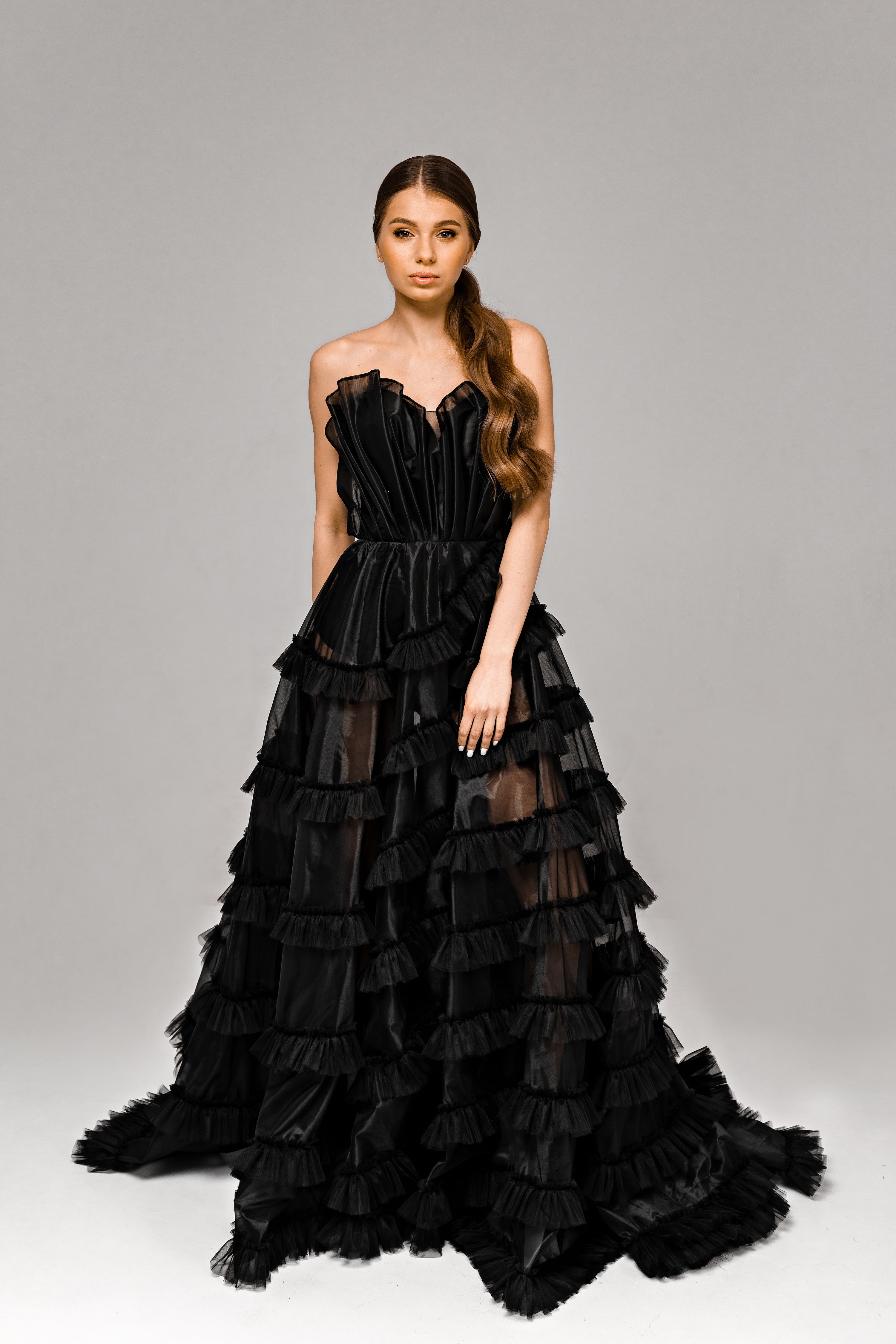 "Onyx" Black Floral Corset Wedding Dress with Embroidered Ruffled Train