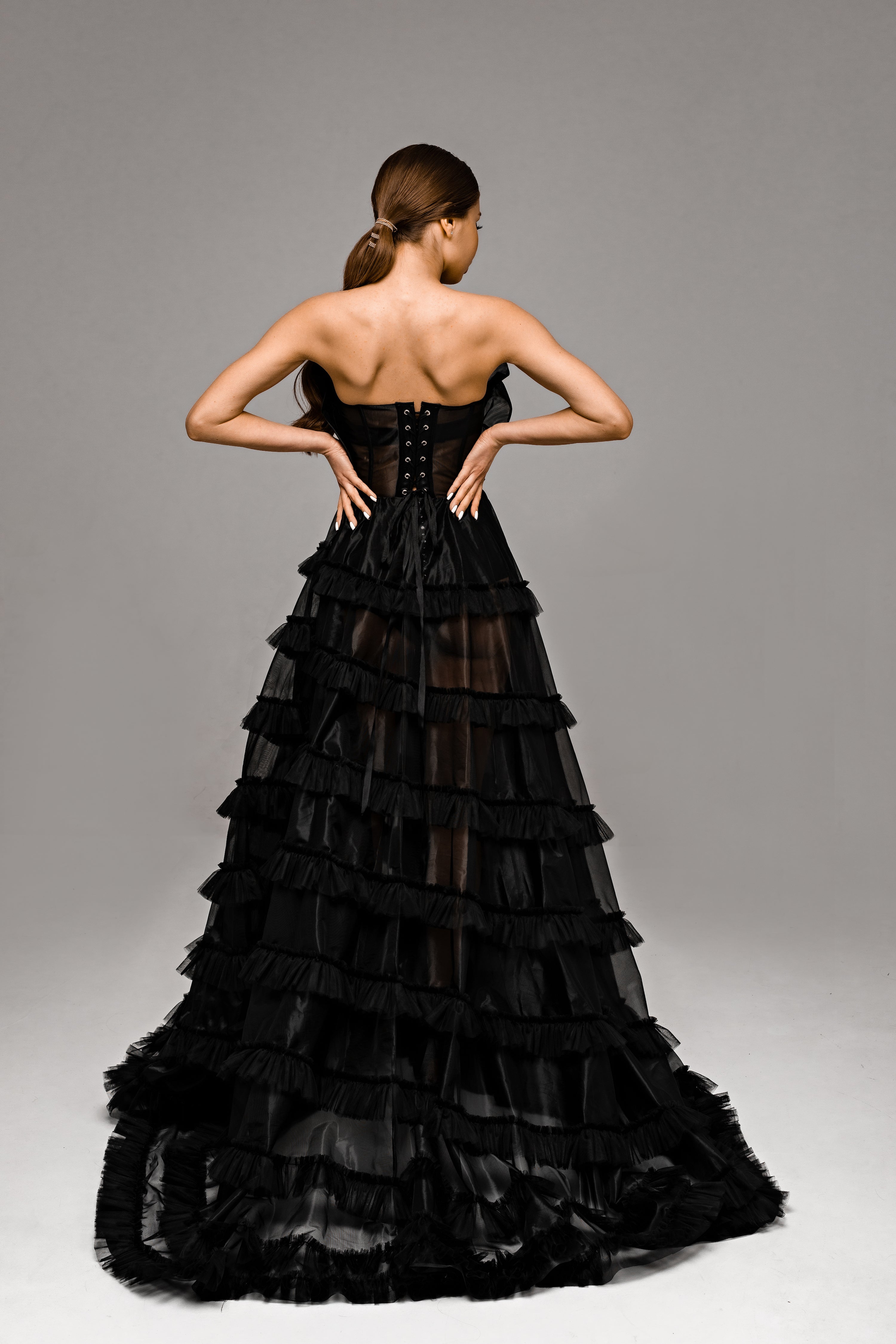 "Onyx" Black Floral Corset Wedding Dress with Embroidered Ruffled Train
