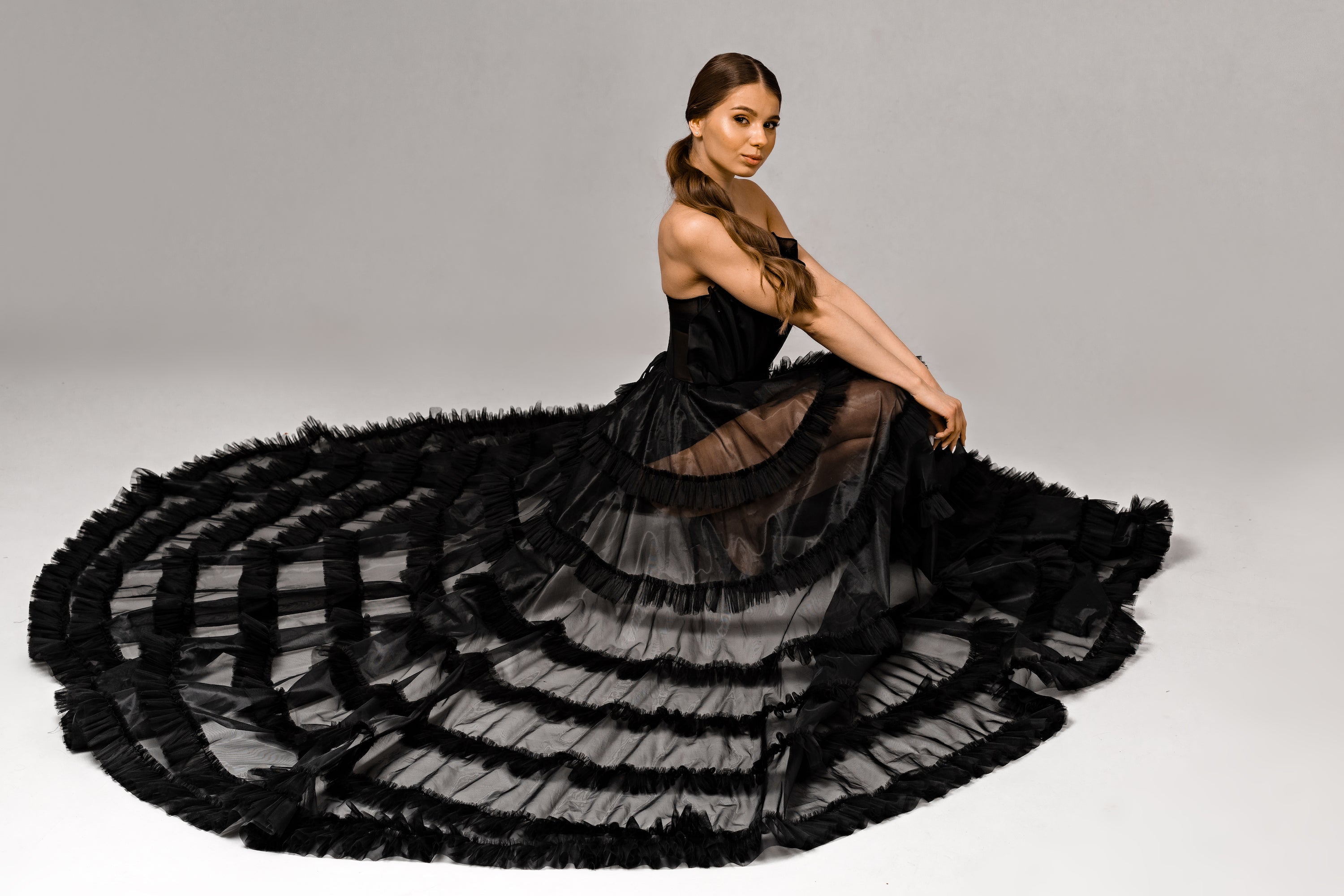 "Onyx" Black Floral Corset Wedding Dress with Embroidered Ruffled Train