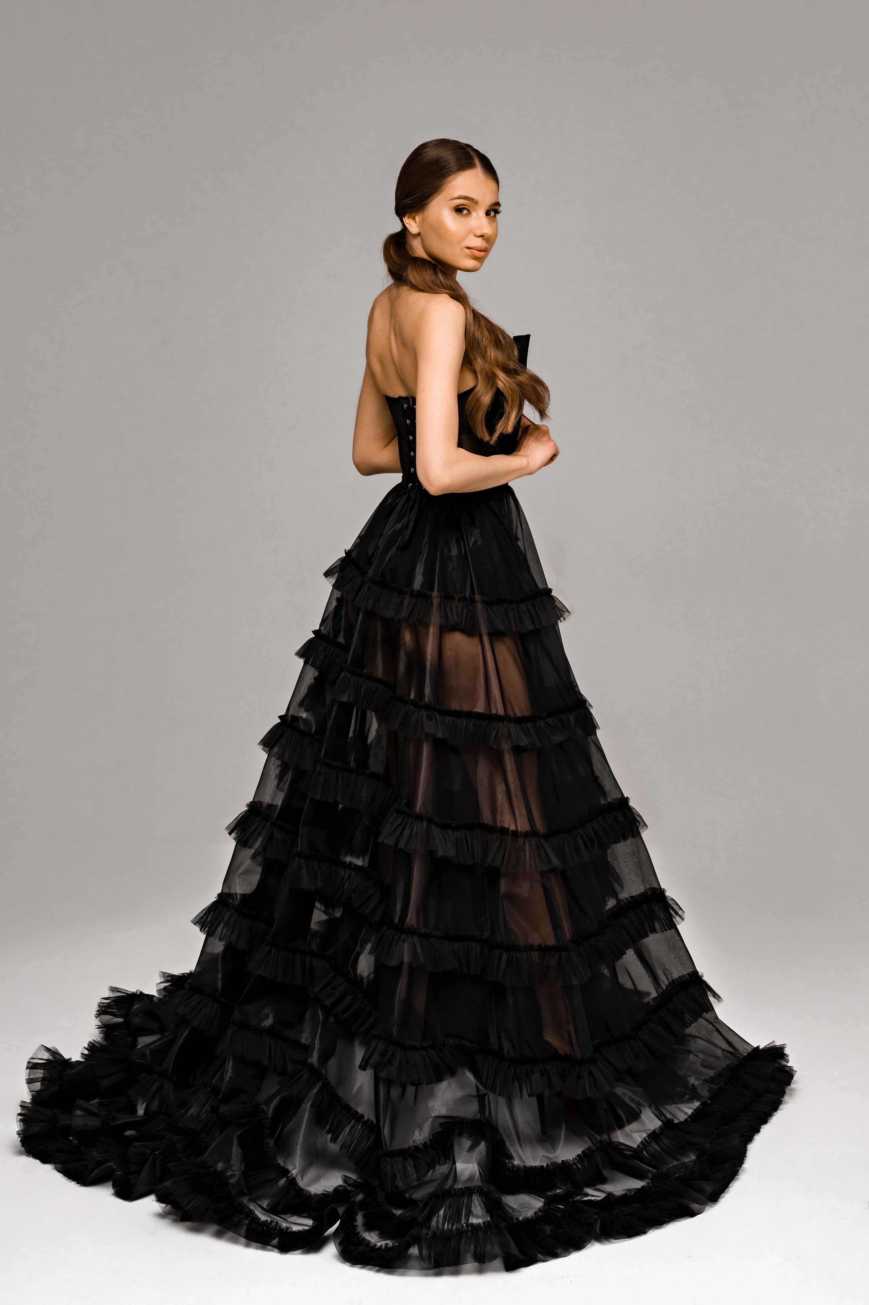 "Onyx" Black Floral Corset Wedding Dress with Embroidered Ruffled Train