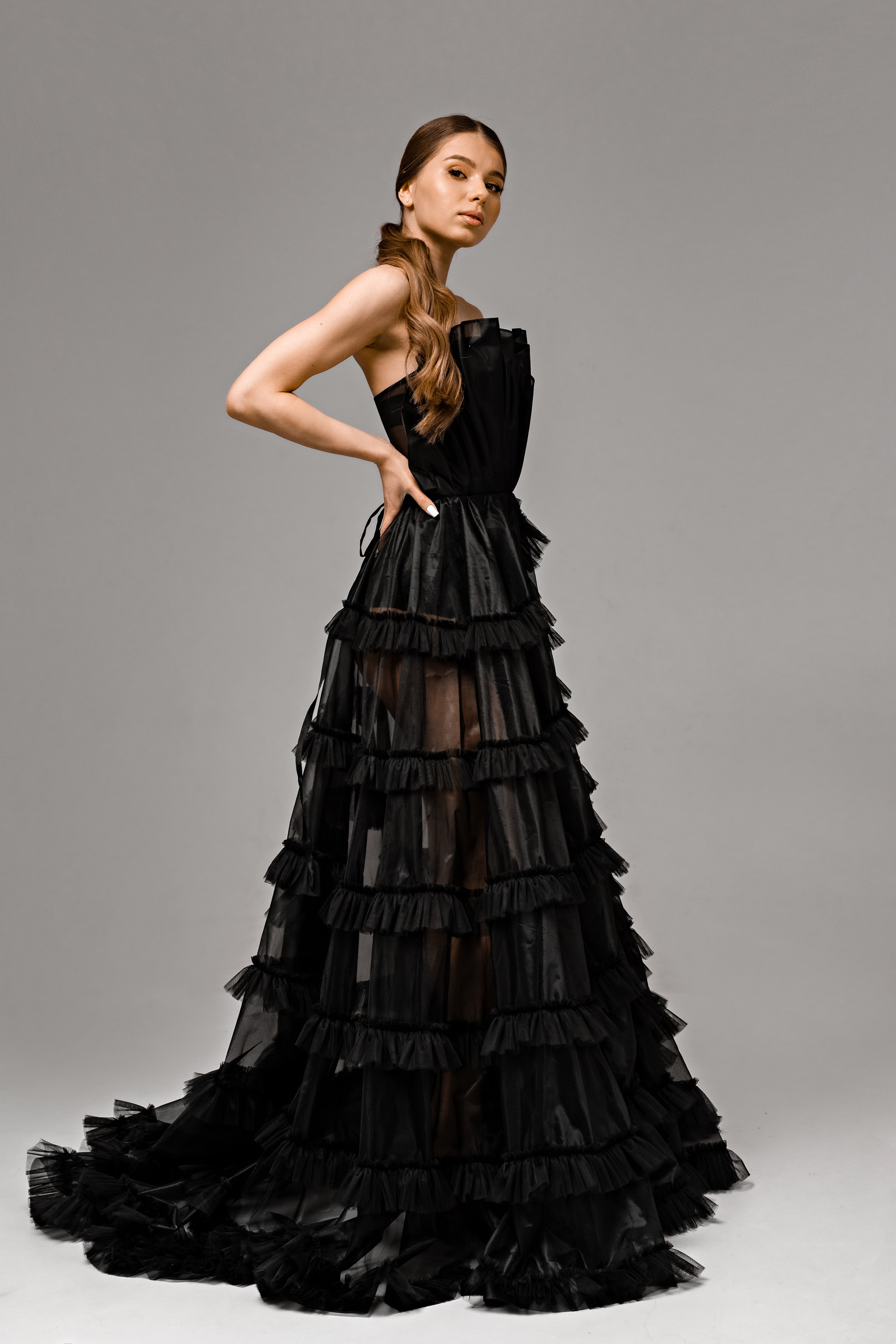"Onyx" Black Floral Corset Wedding Dress with Embroidered Ruffled Train