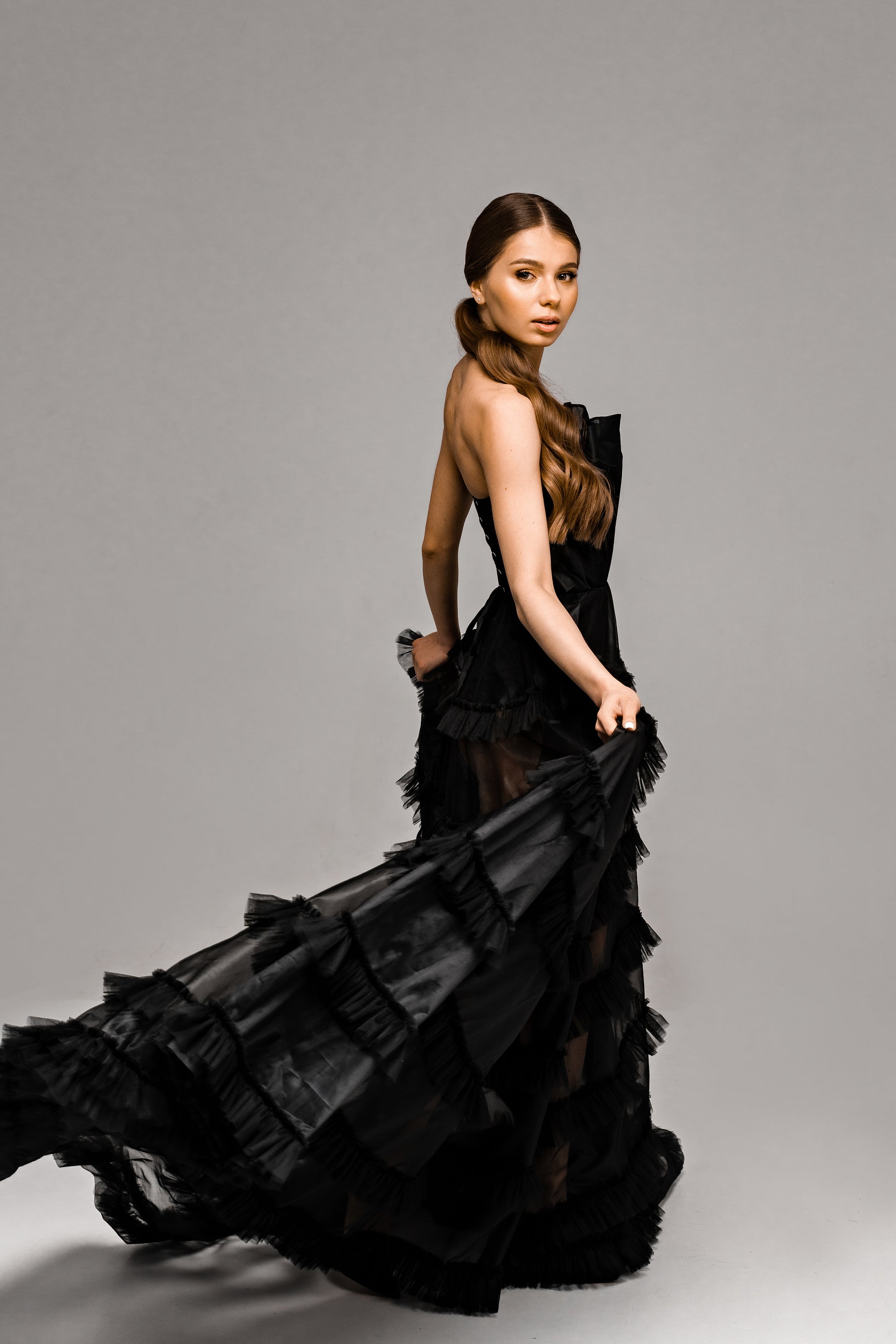 "Onyx" Black Floral Corset Wedding Dress with Embroidered Ruffled Train