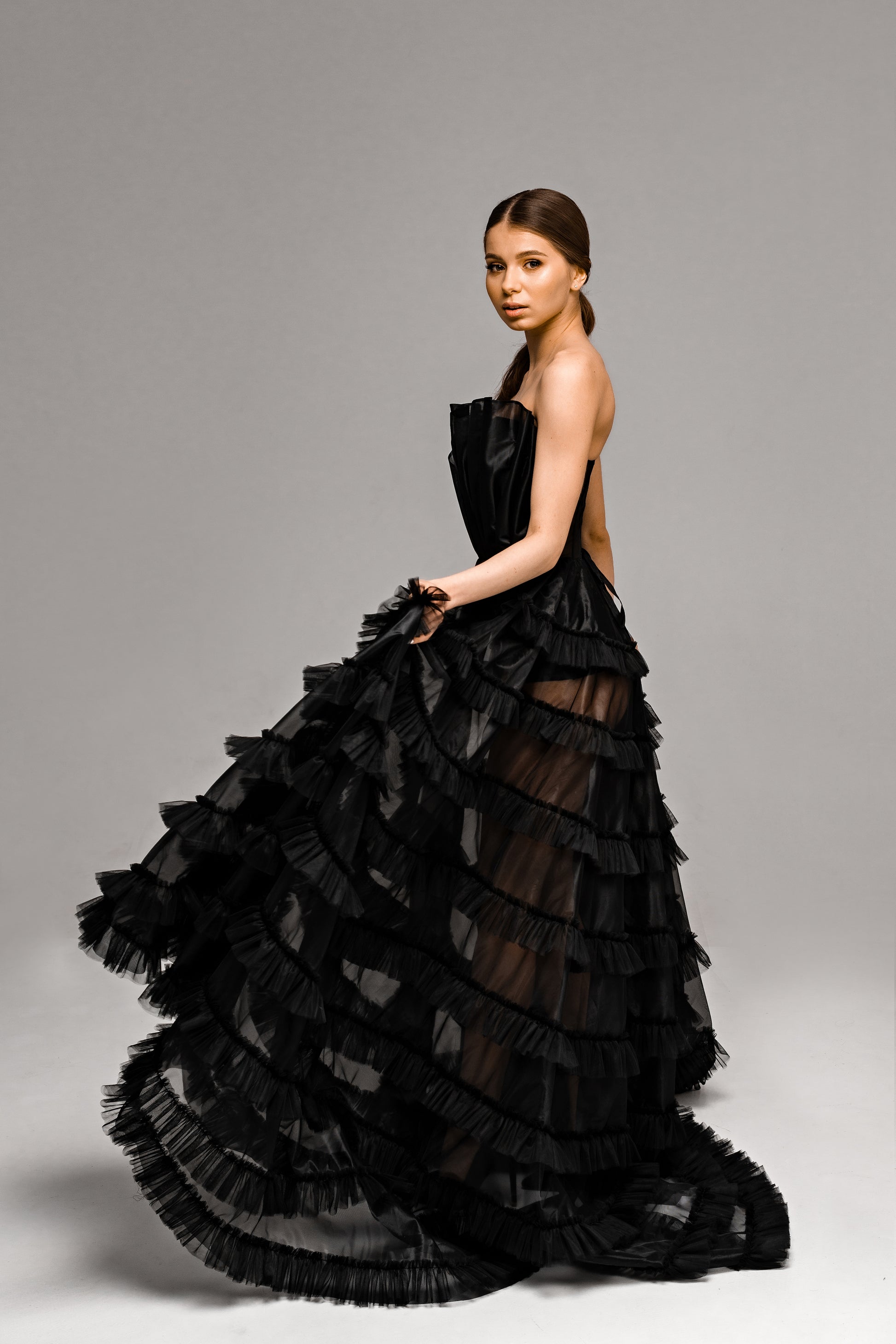 "Onyx" Black Floral Corset Wedding Dress with Embroidered Ruffled Train