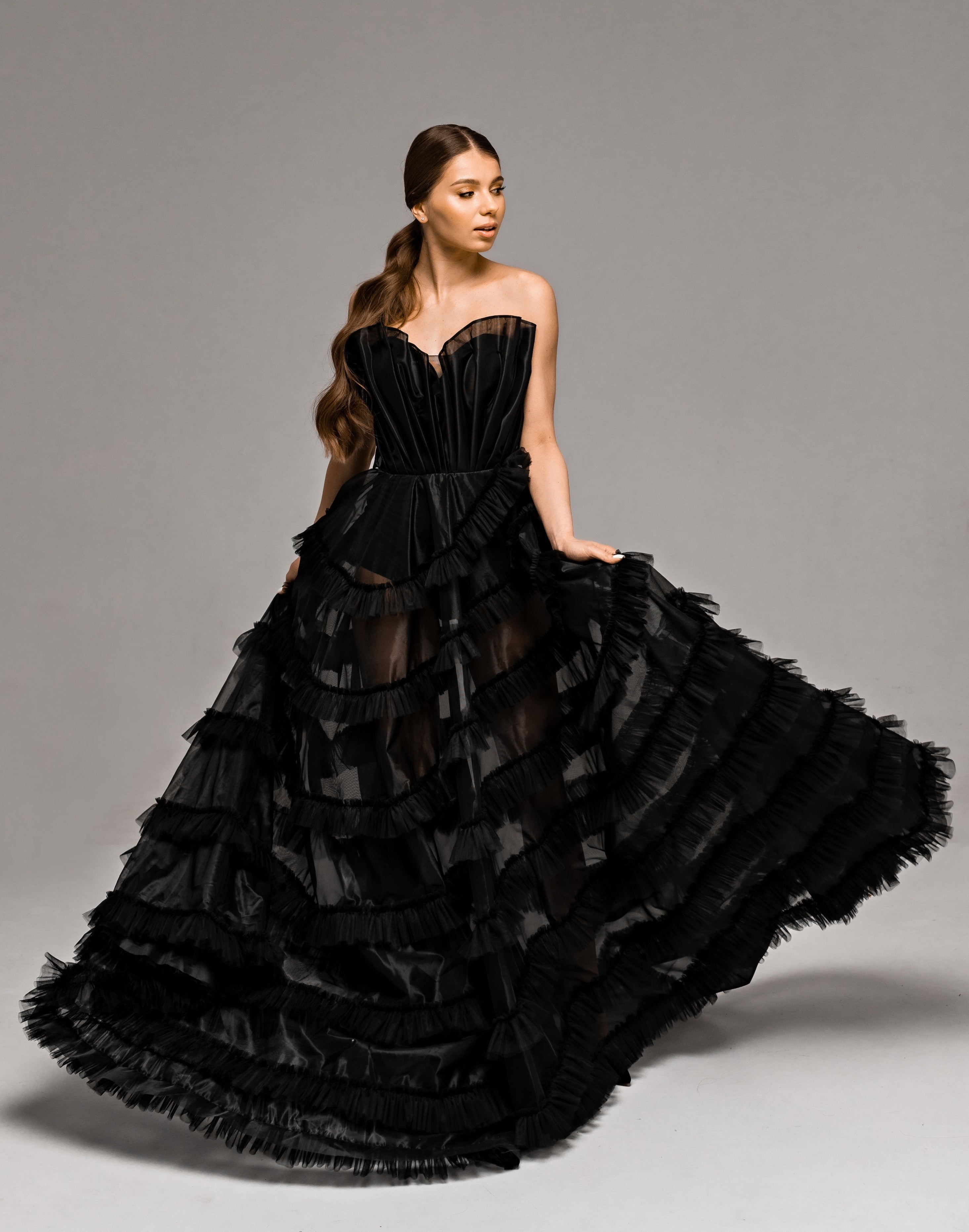 "Onyx" Black Floral Corset Wedding Dress with Embroidered Ruffled Train