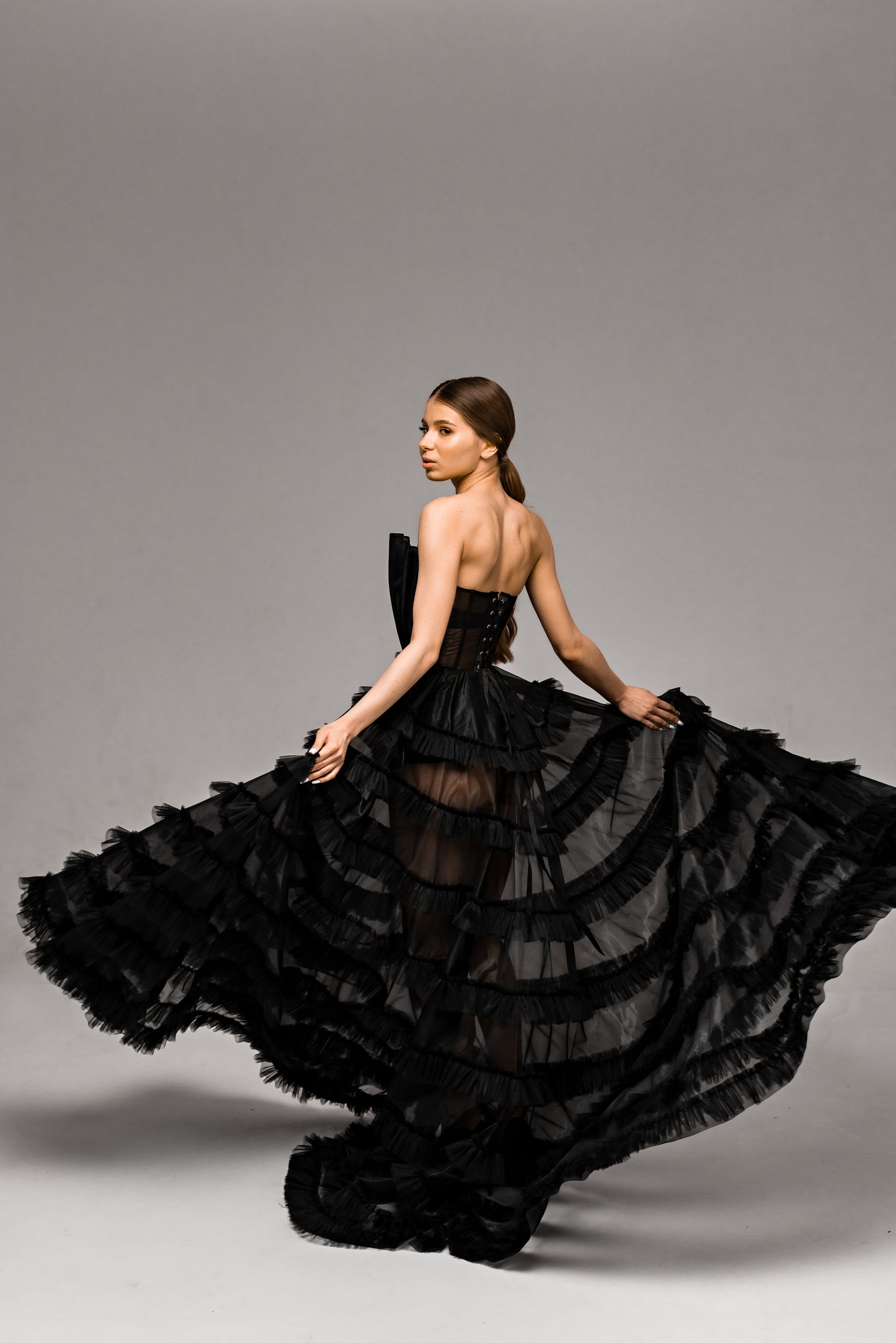"Onyx" Black Floral Corset Wedding Dress with Embroidered Ruffled Train