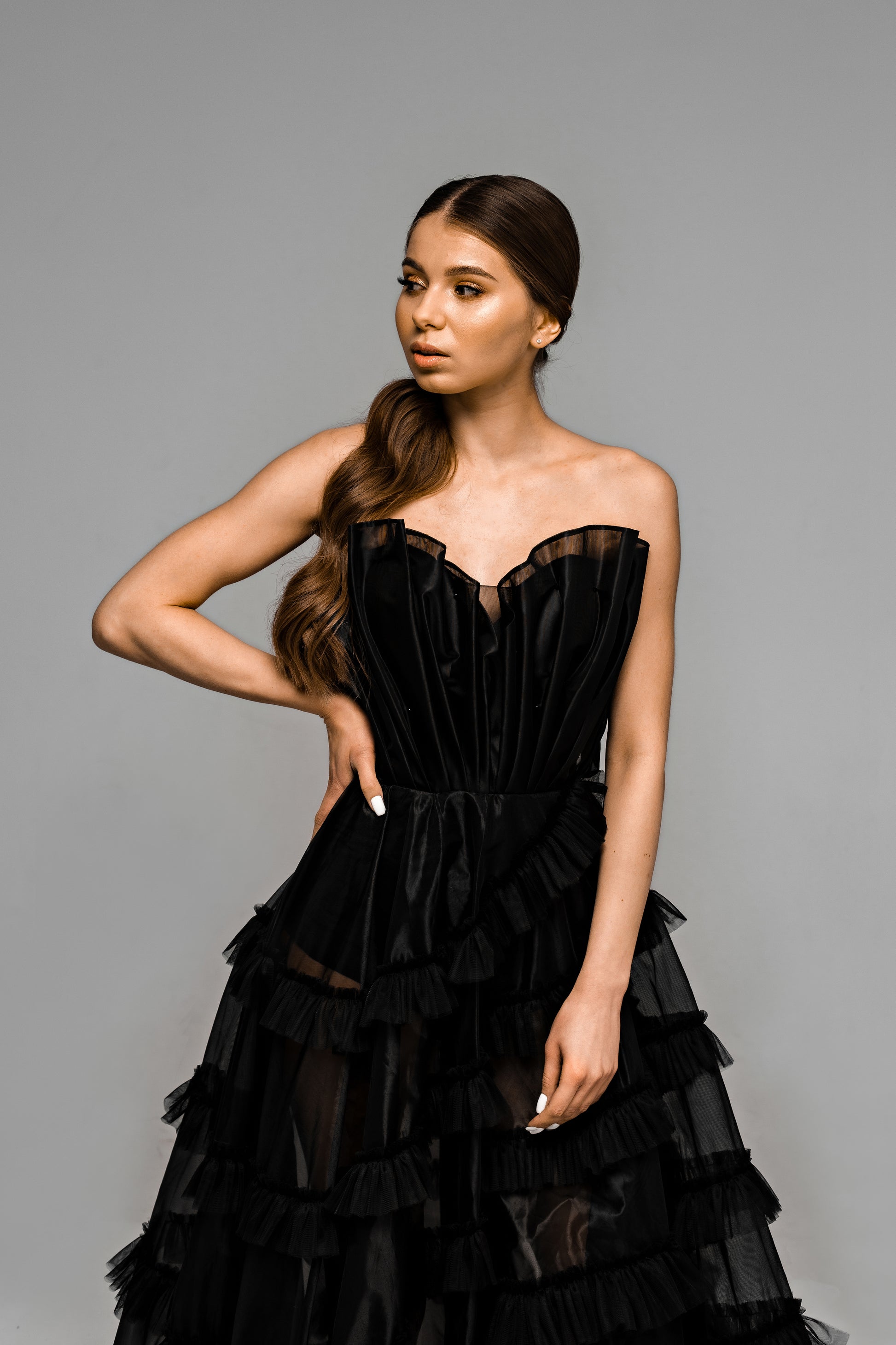 "Onyx" Black Floral Corset Wedding Dress with Embroidered Ruffled Train