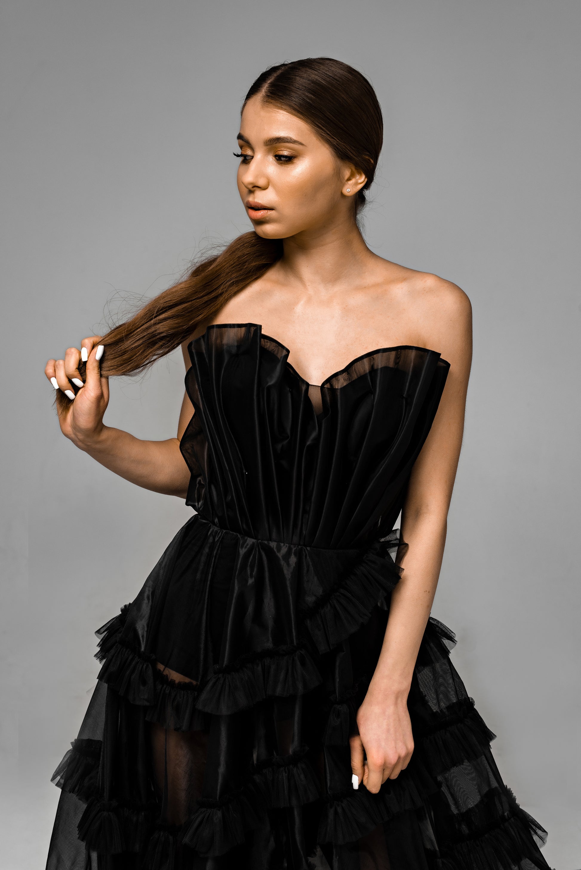 "Onyx" Black Floral Corset Wedding Dress with Embroidered Ruffled Train