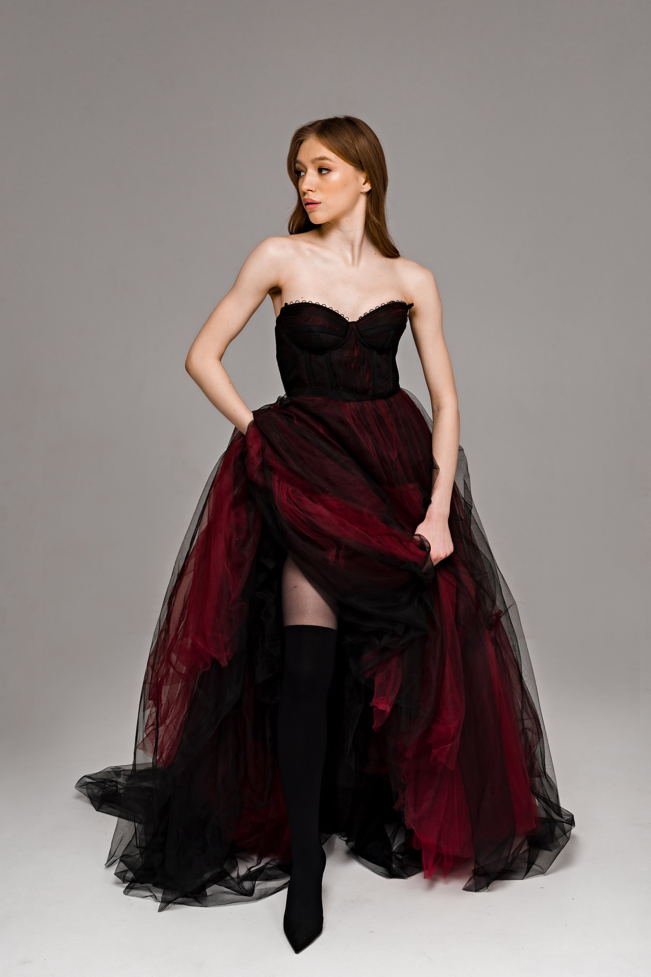 "Ophelia" Gothic black and burgundy wedding dress