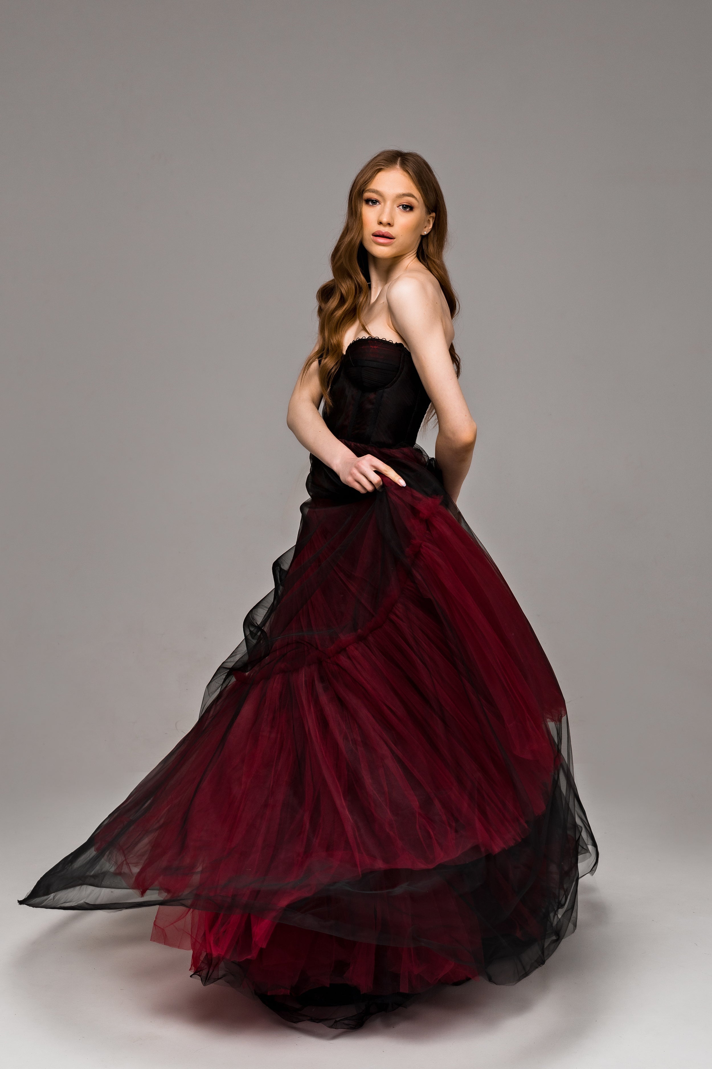 "Ophelia" Gothic black and burgundy wedding dress