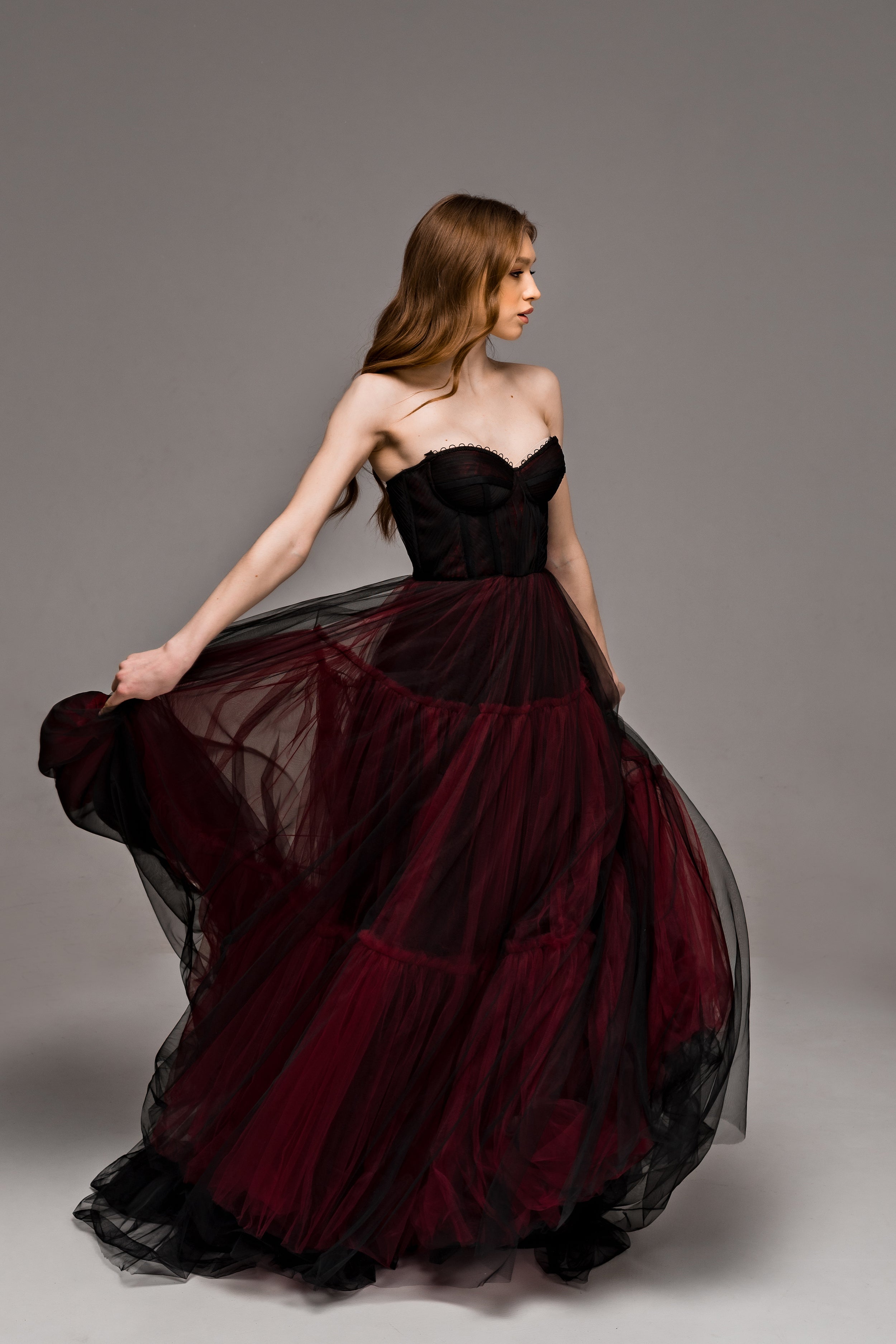 "Ophelia" Gothic black and burgundy wedding dress