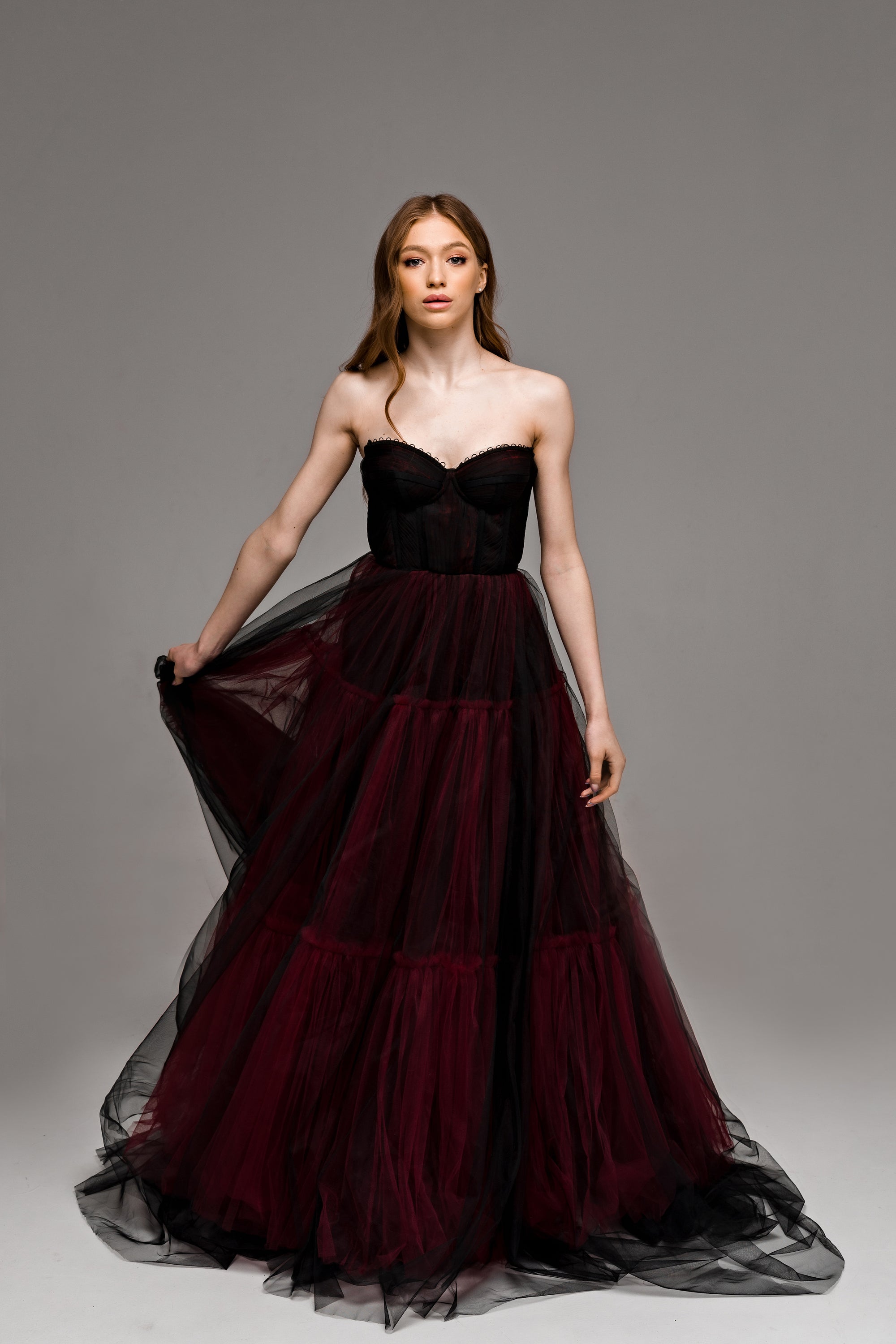 "Ophelia" Gothic black and burgundy wedding dress