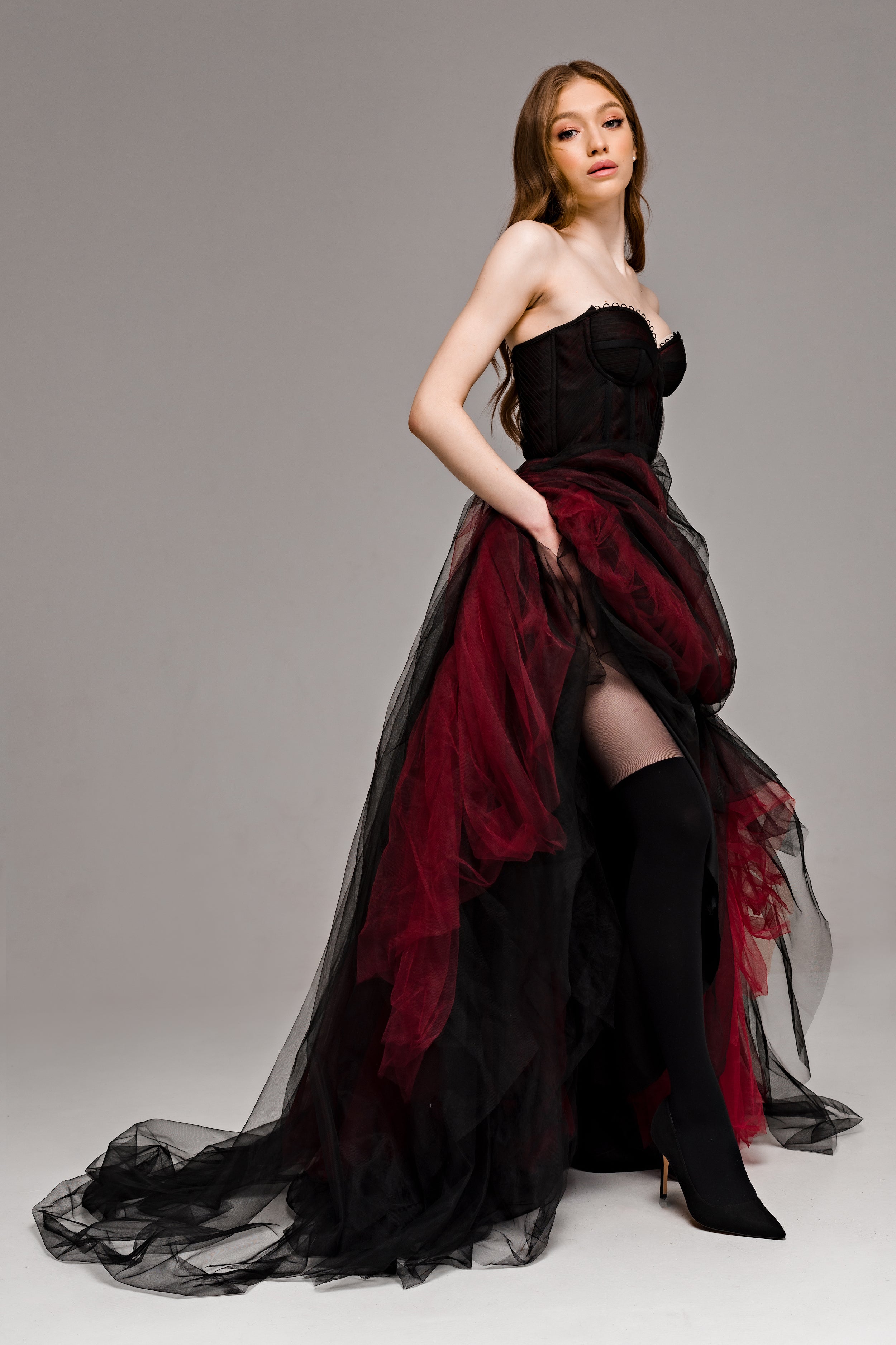 "Ophelia" Gothic black and burgundy wedding dress