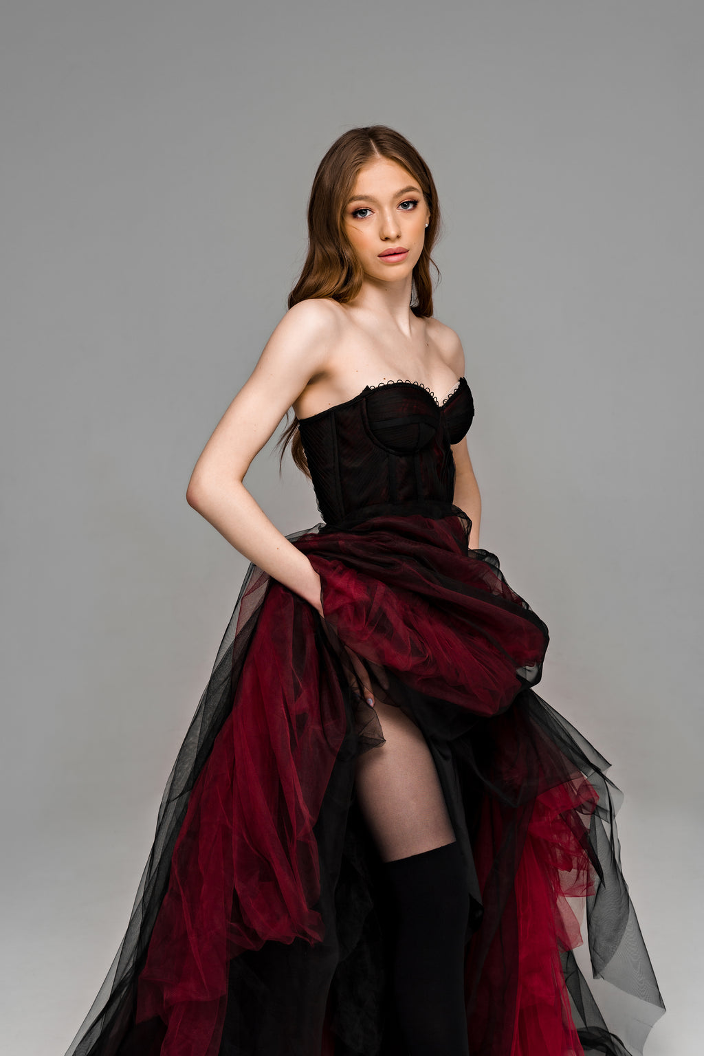 "Ophelia" Gothic black and burgundy wedding dress