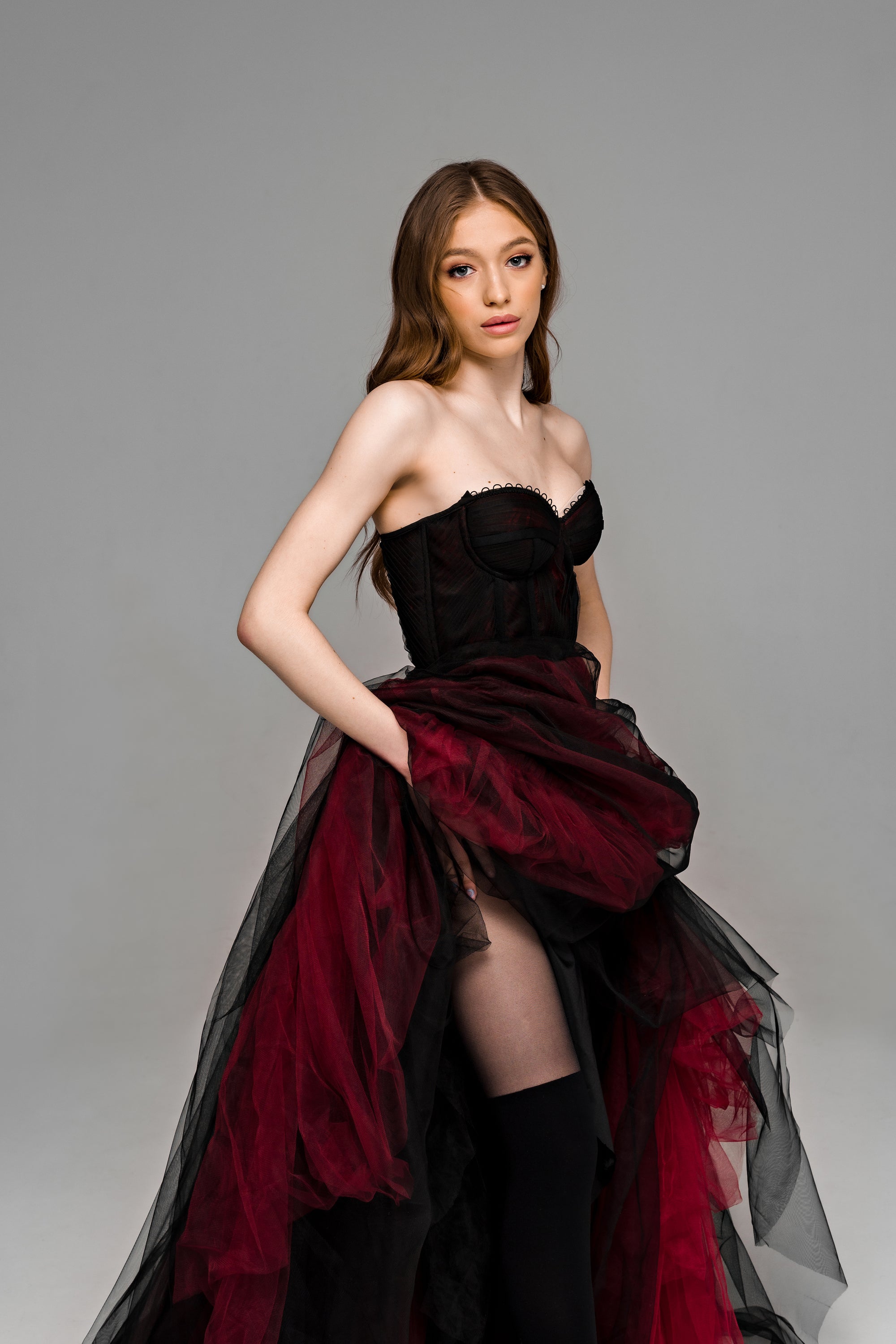 "Ophelia" Gothic black and burgundy wedding dress