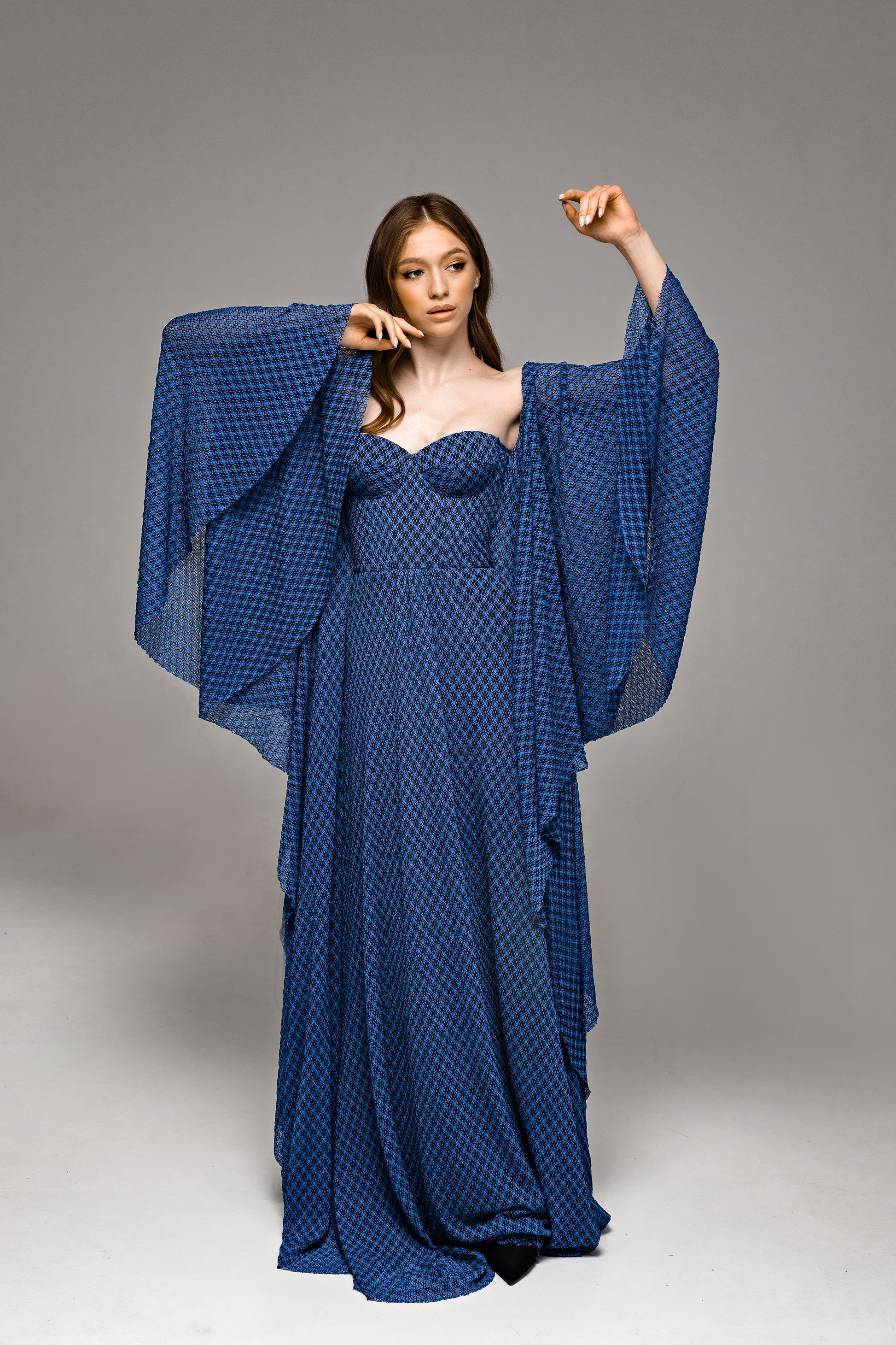 "Tori" Blue Knitted Lace Wedding Dress with Batwing Sleeves